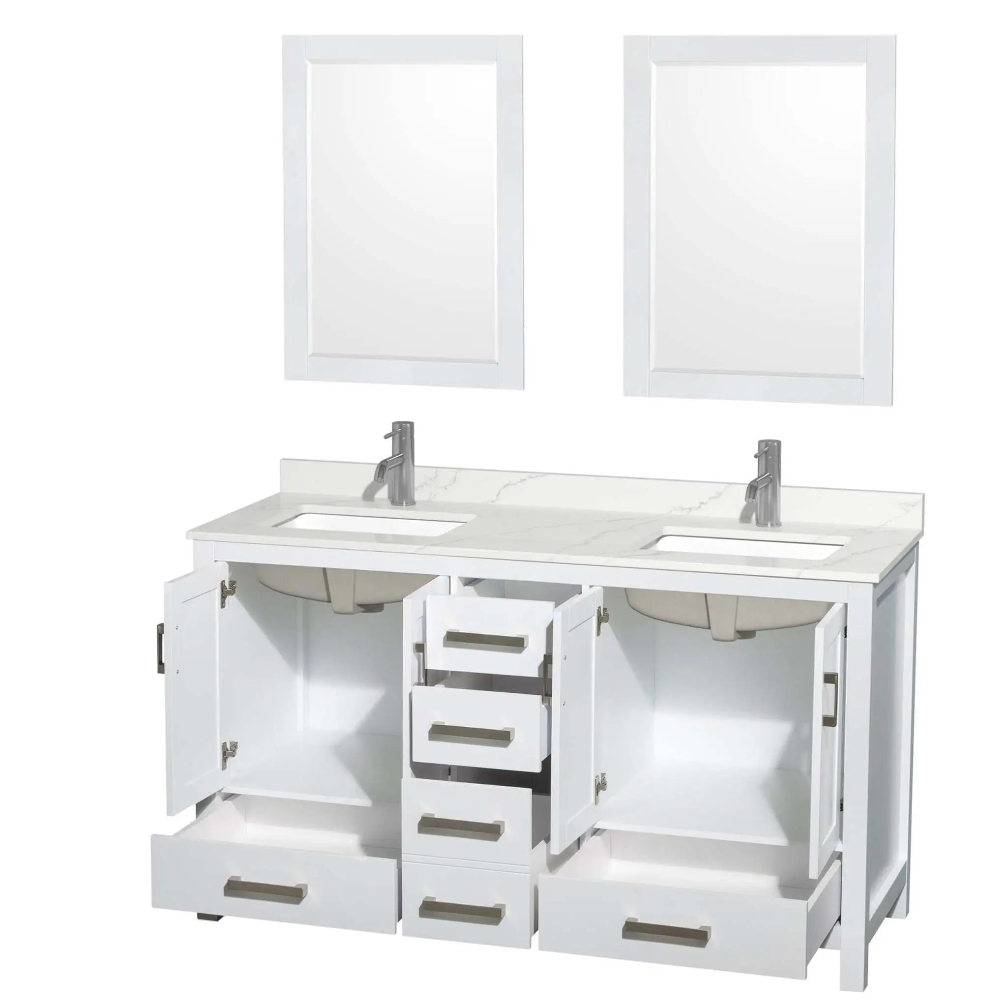 60" Sheffield Double Bathroom Vanity in White with Brushed Chrome Trim & 24" Mirror by Wyndham