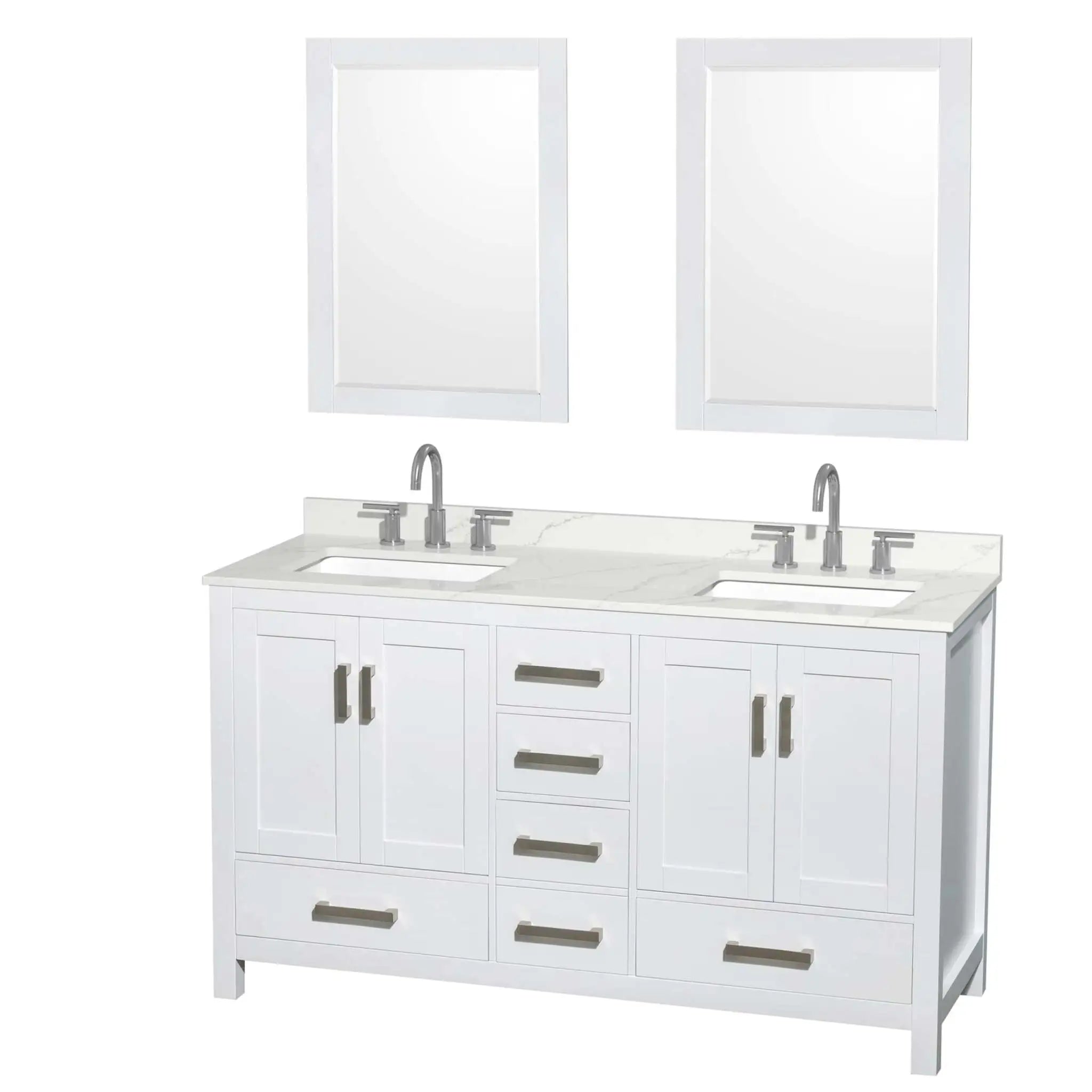 60" Sheffield Double Bathroom Vanity in White with Brushed Chrome Trim & 24" Mirror by Wyndham