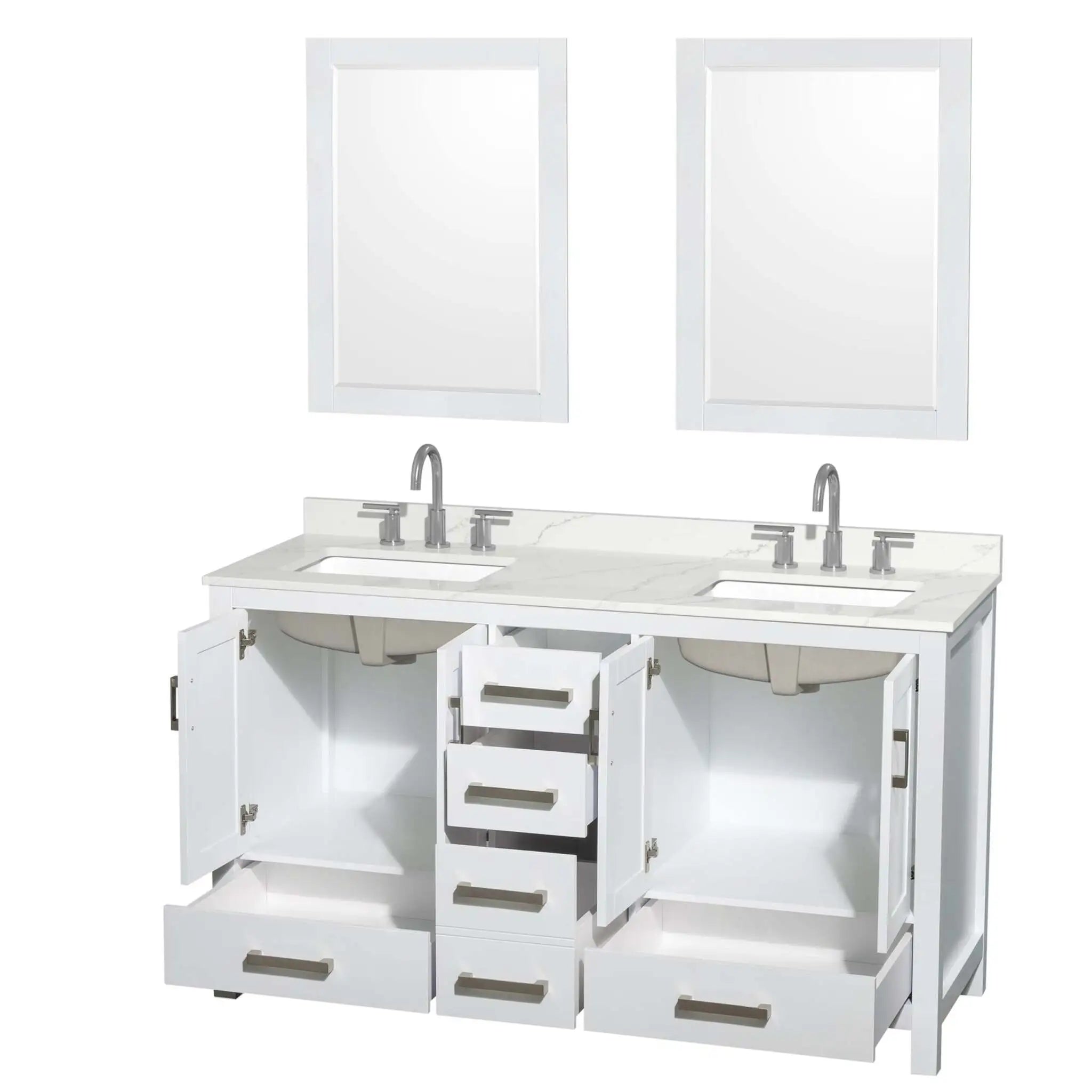 60" Sheffield Double Bathroom Vanity in White with Brushed Chrome Trim & 24" Mirror by Wyndham