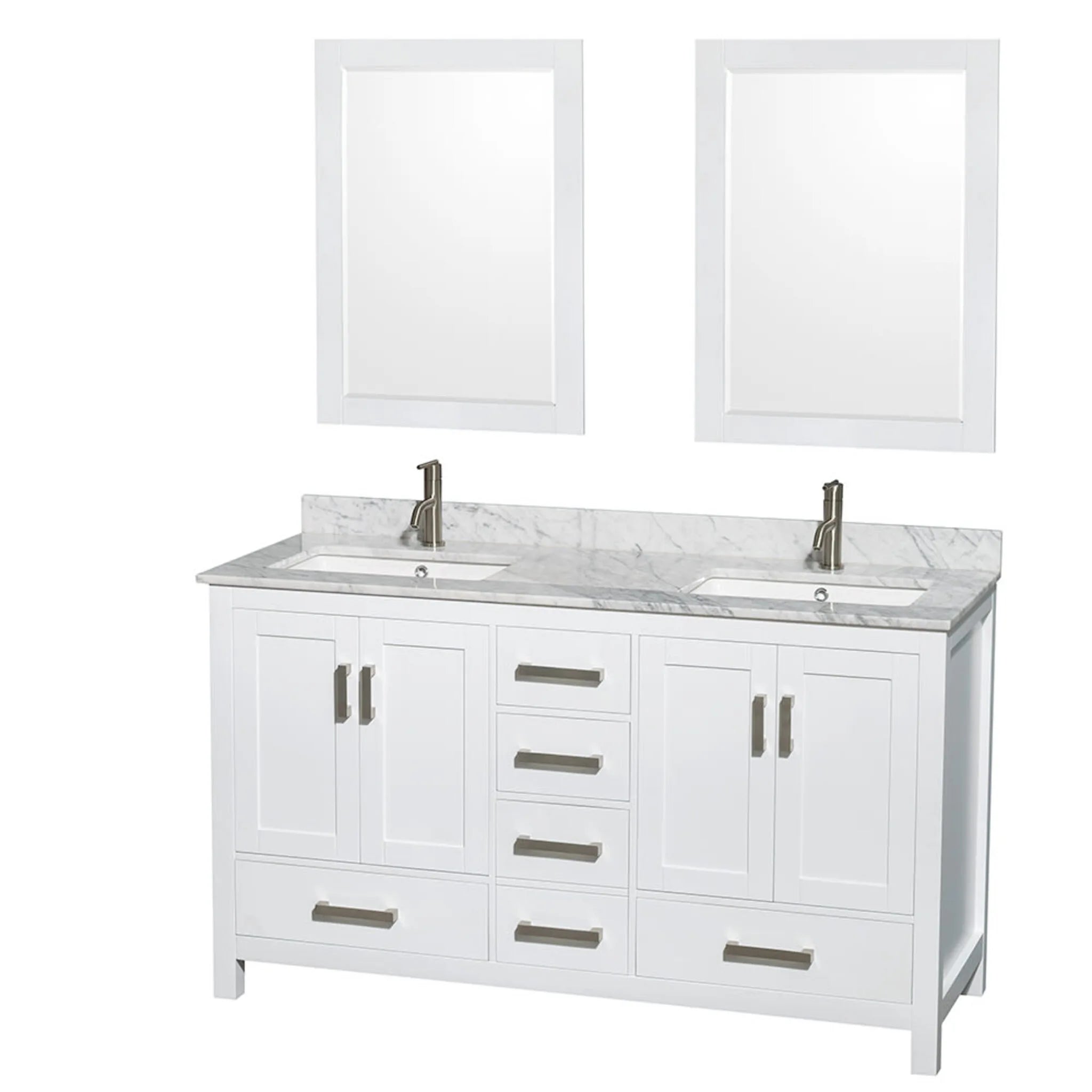 60" Sheffield Double Bathroom Vanity in White with Brushed Chrome Trim & 24" Mirror by Wyndham