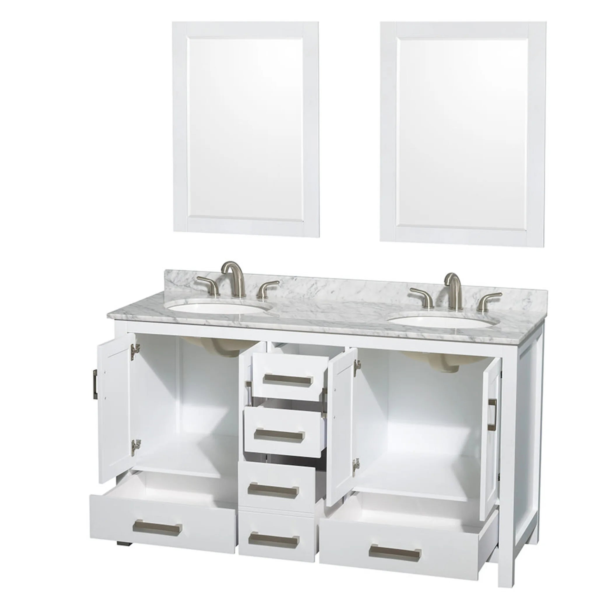 60" Sheffield Double Bathroom Vanity in White with Brushed Chrome Trim & 24" Mirror by Wyndham