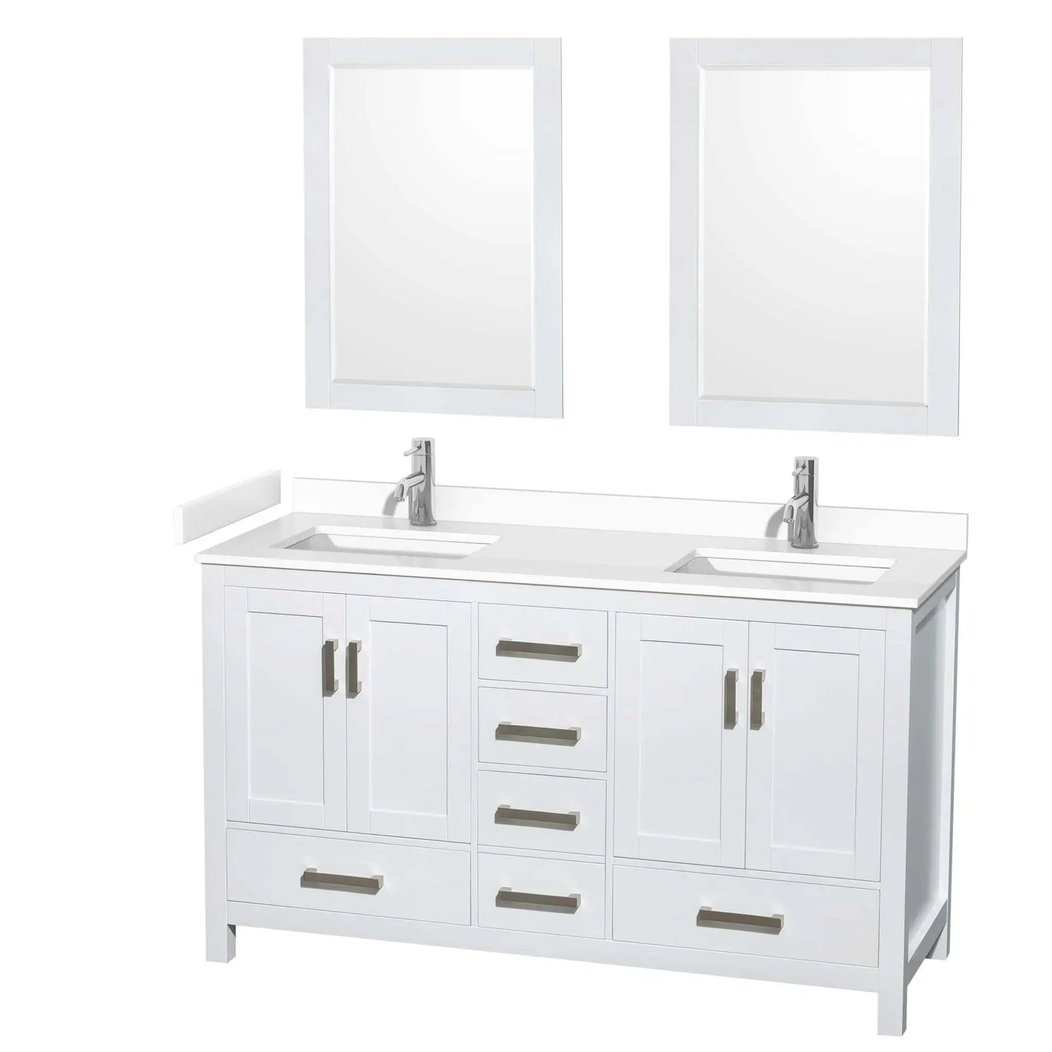 60" Sheffield Double Bathroom Vanity in White with Brushed Chrome Trim & 24" Mirror by Wyndham