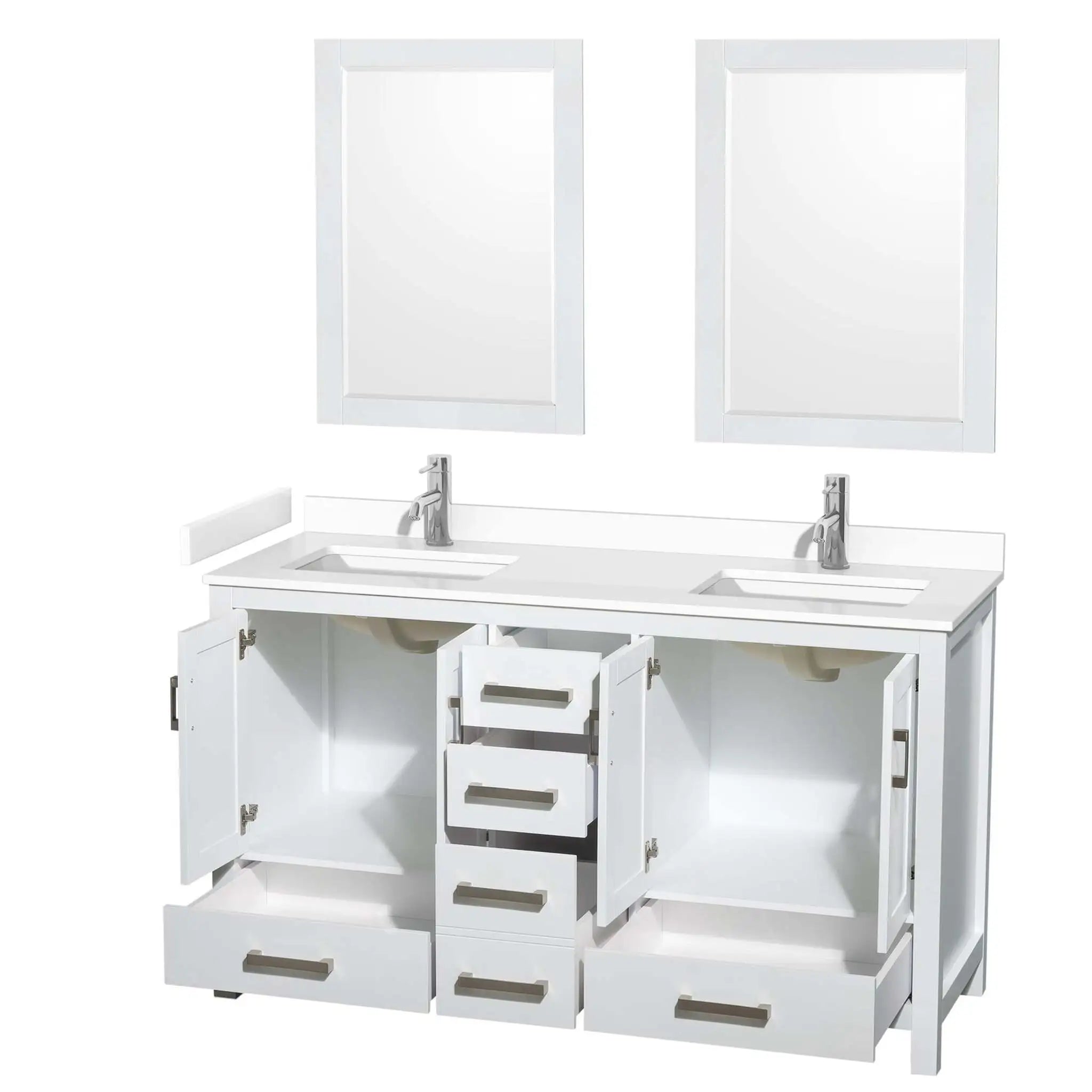 60" Sheffield Double Bathroom Vanity in White with Brushed Chrome Trim & 24" Mirror by Wyndham