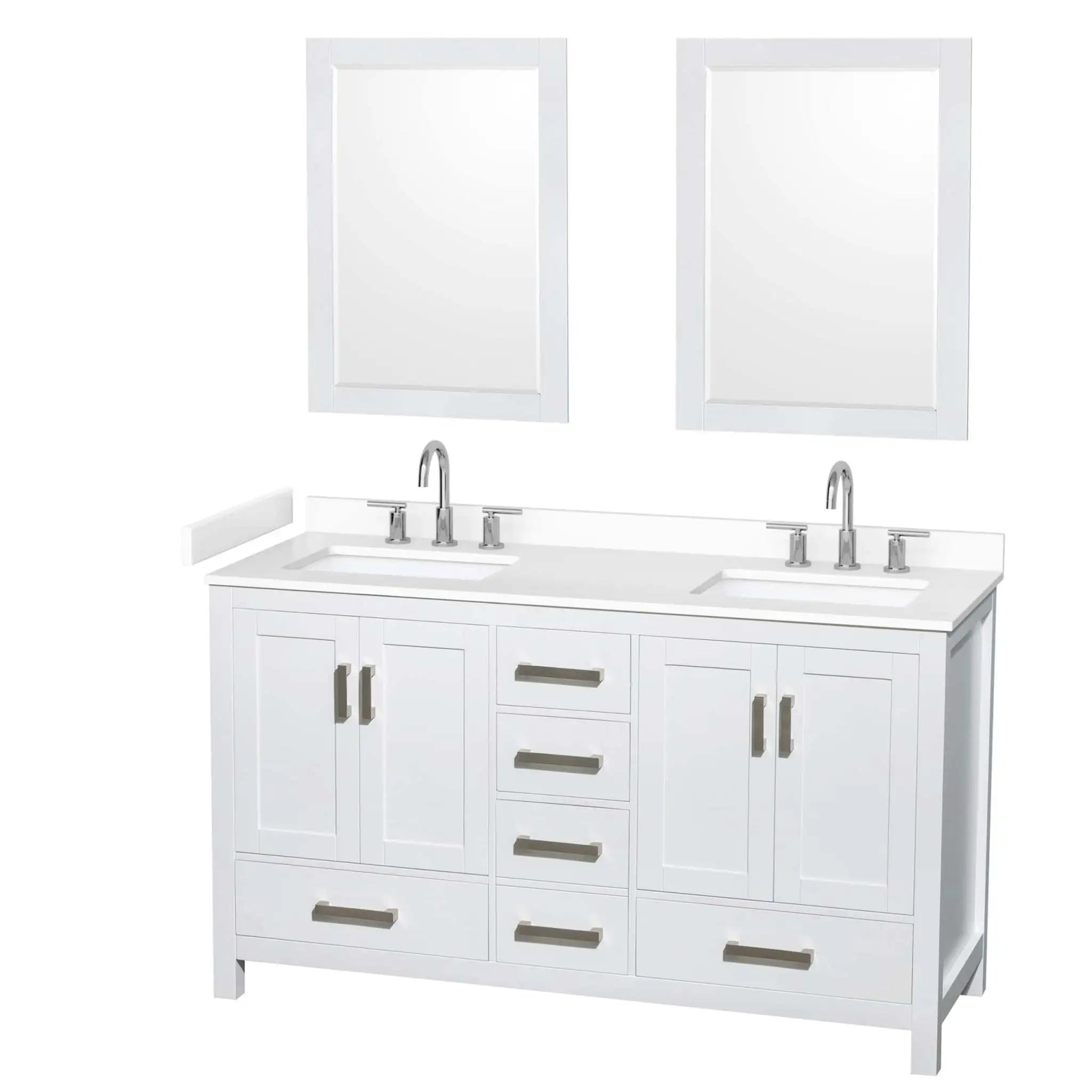 60" Sheffield Double Bathroom Vanity in White with Brushed Chrome Trim & 24" Mirror by Wyndham