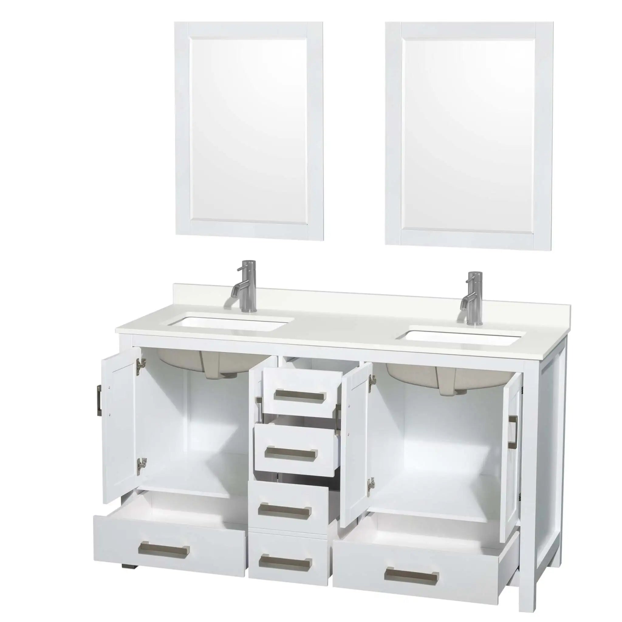 60" Sheffield Double Bathroom Vanity in White with Brushed Chrome Trim & 24" Mirror by Wyndham