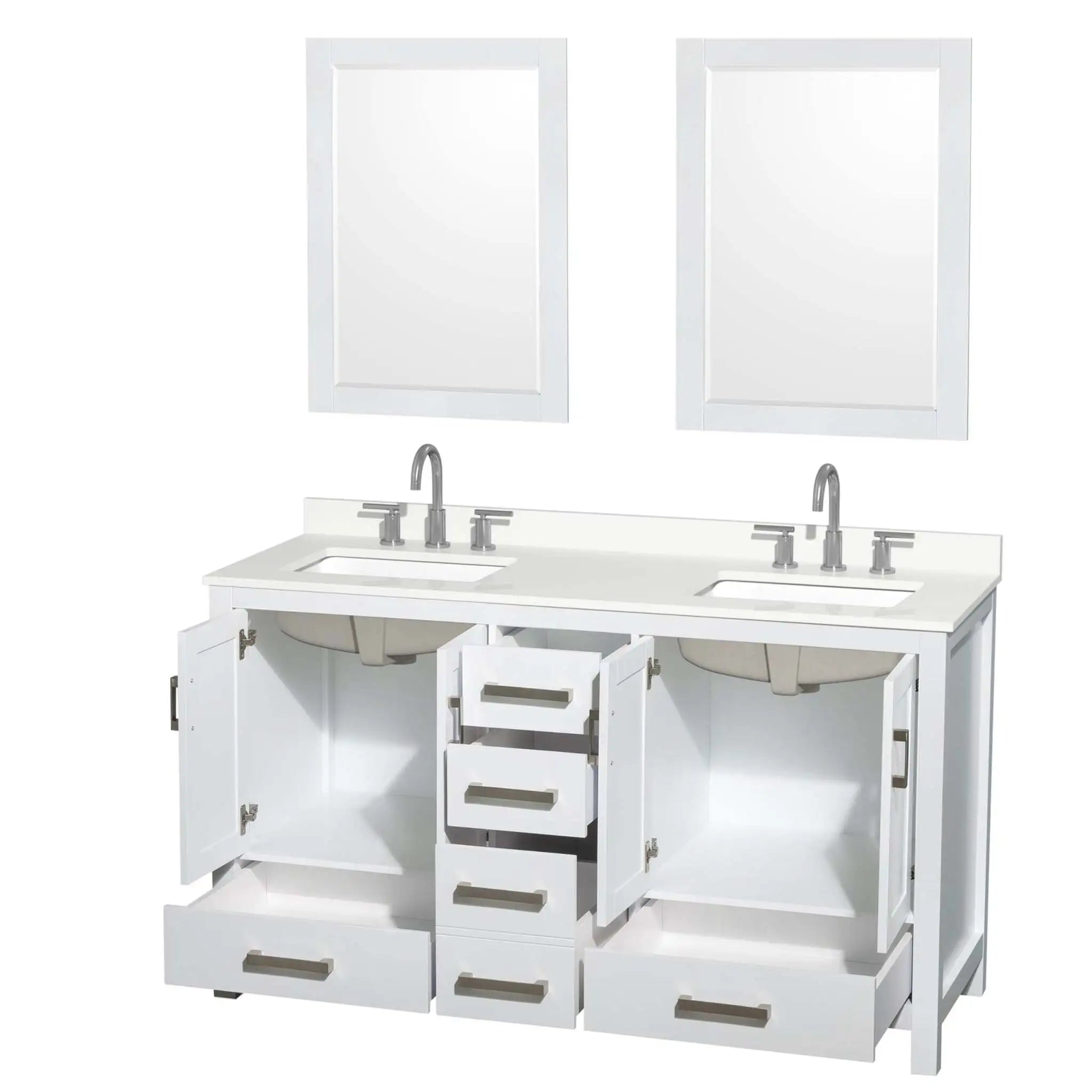 60" Sheffield Double Bathroom Vanity in White with Brushed Chrome Trim & 24" Mirror by Wyndham