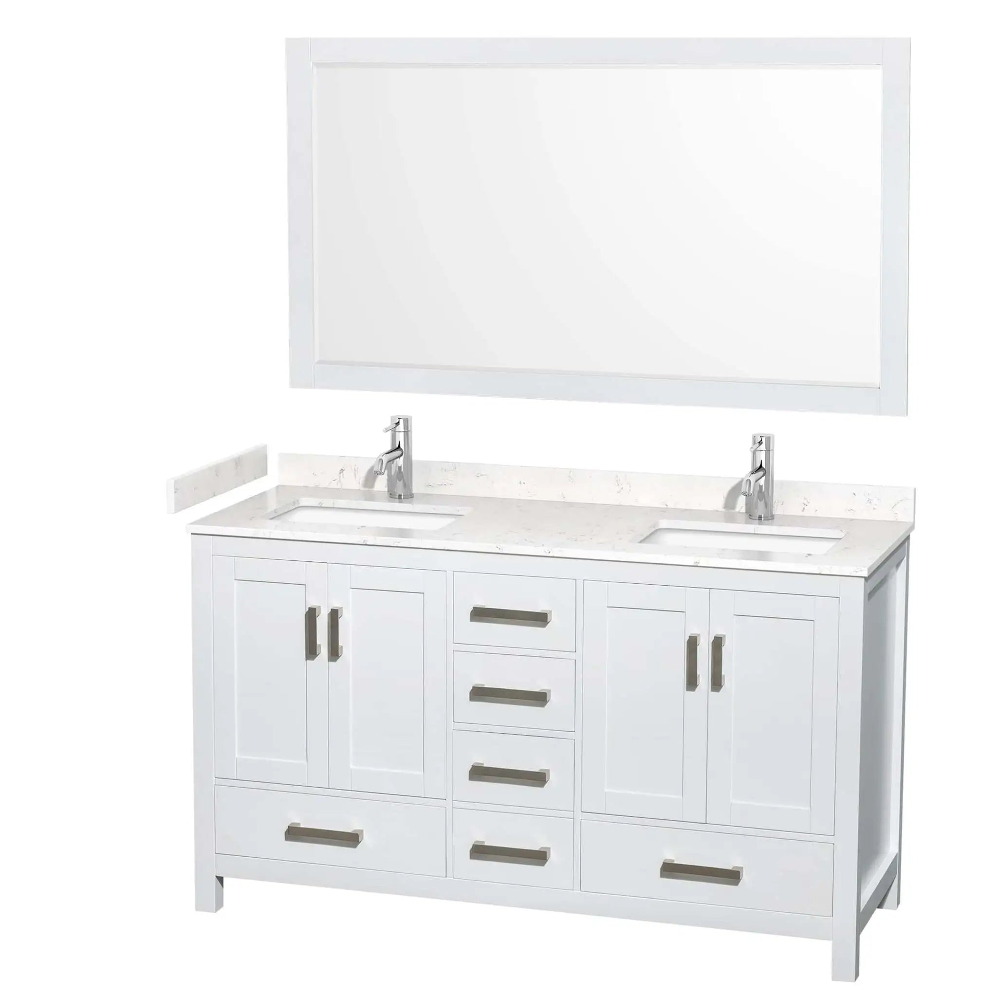 60" Sheffield Double Bathroom Vanity in White with Brushed Chrome Trim & 58" Mirror by Wyndham