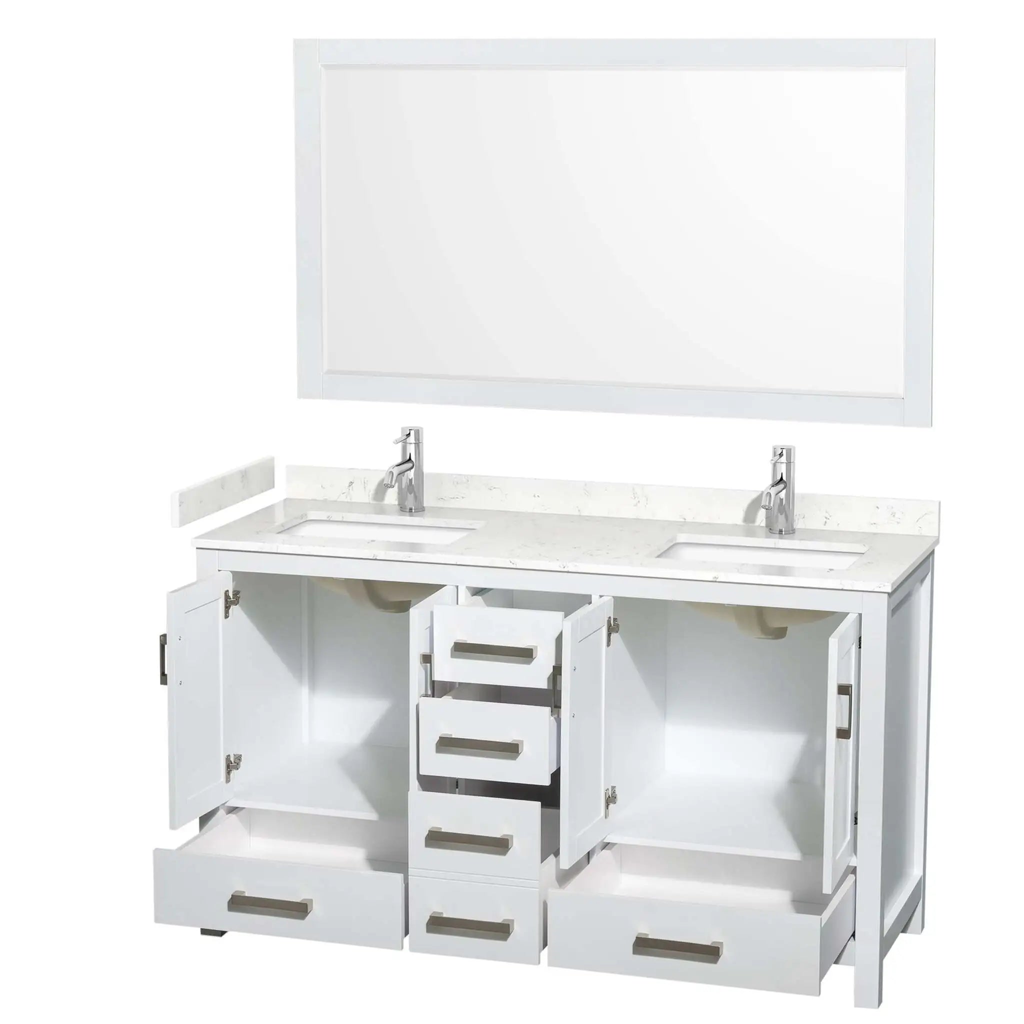60" Sheffield Double Bathroom Vanity in White with Brushed Chrome Trim & 58" Mirror by Wyndham