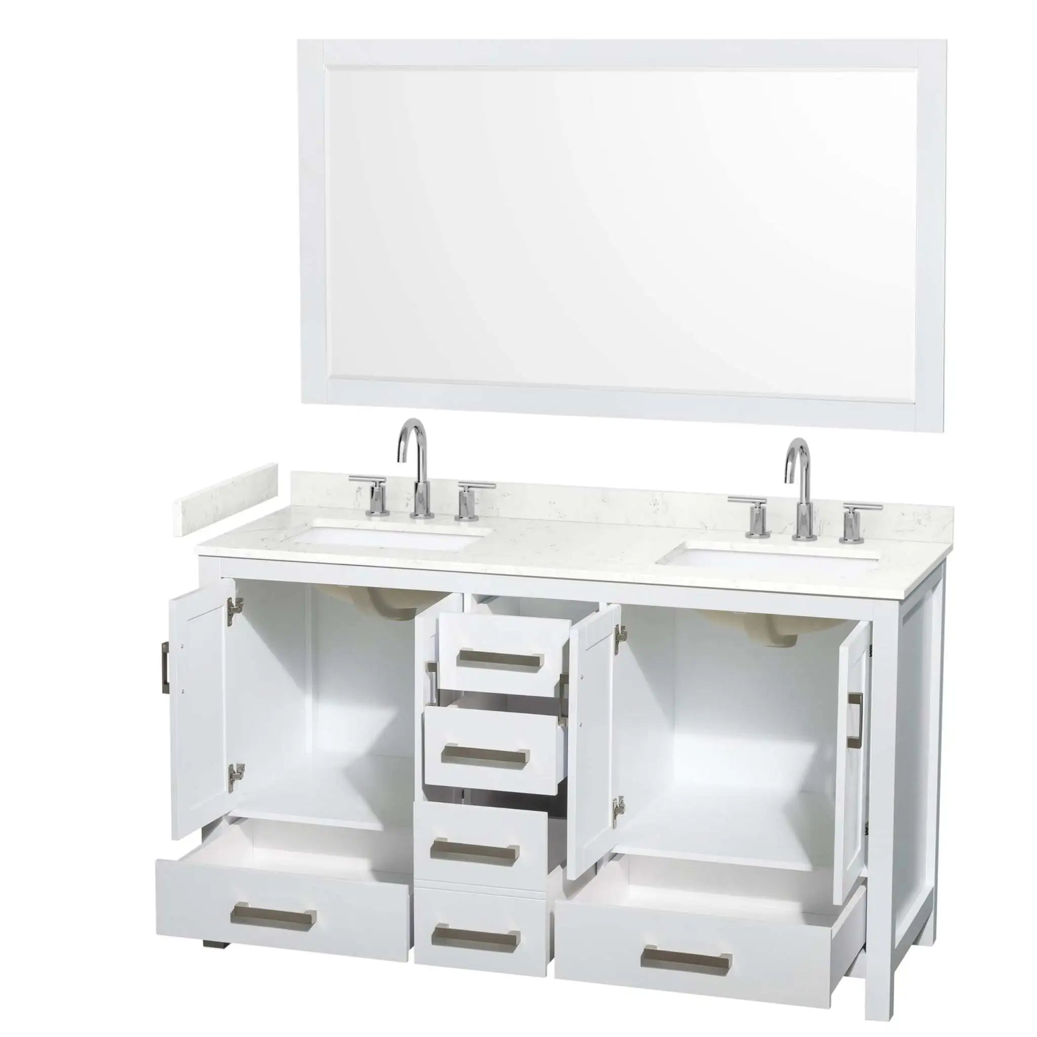 60" Sheffield Double Bathroom Vanity in White with Brushed Chrome Trim & 58" Mirror by Wyndham
