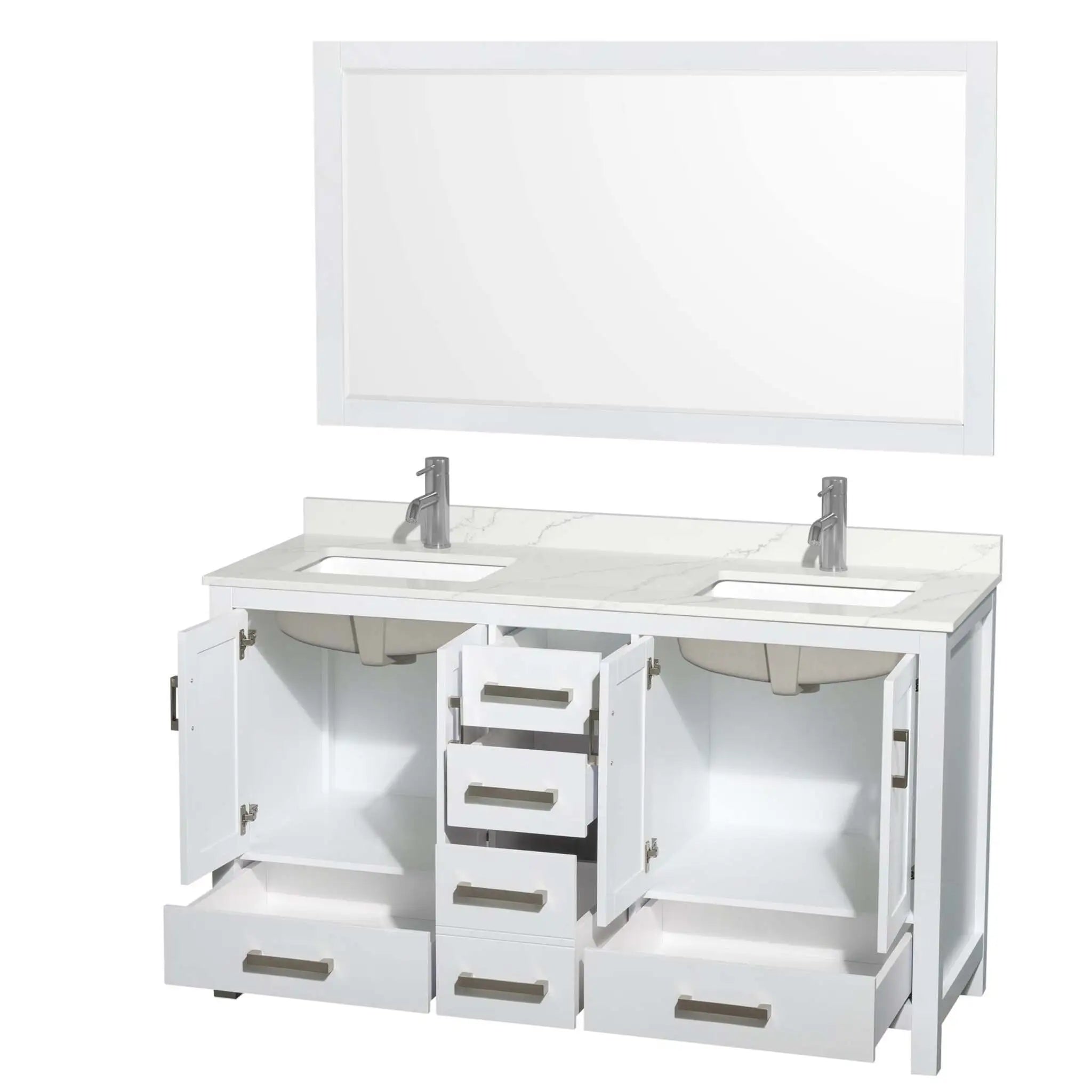 60" Sheffield Double Bathroom Vanity in White with Brushed Chrome Trim & 58" Mirror by Wyndham