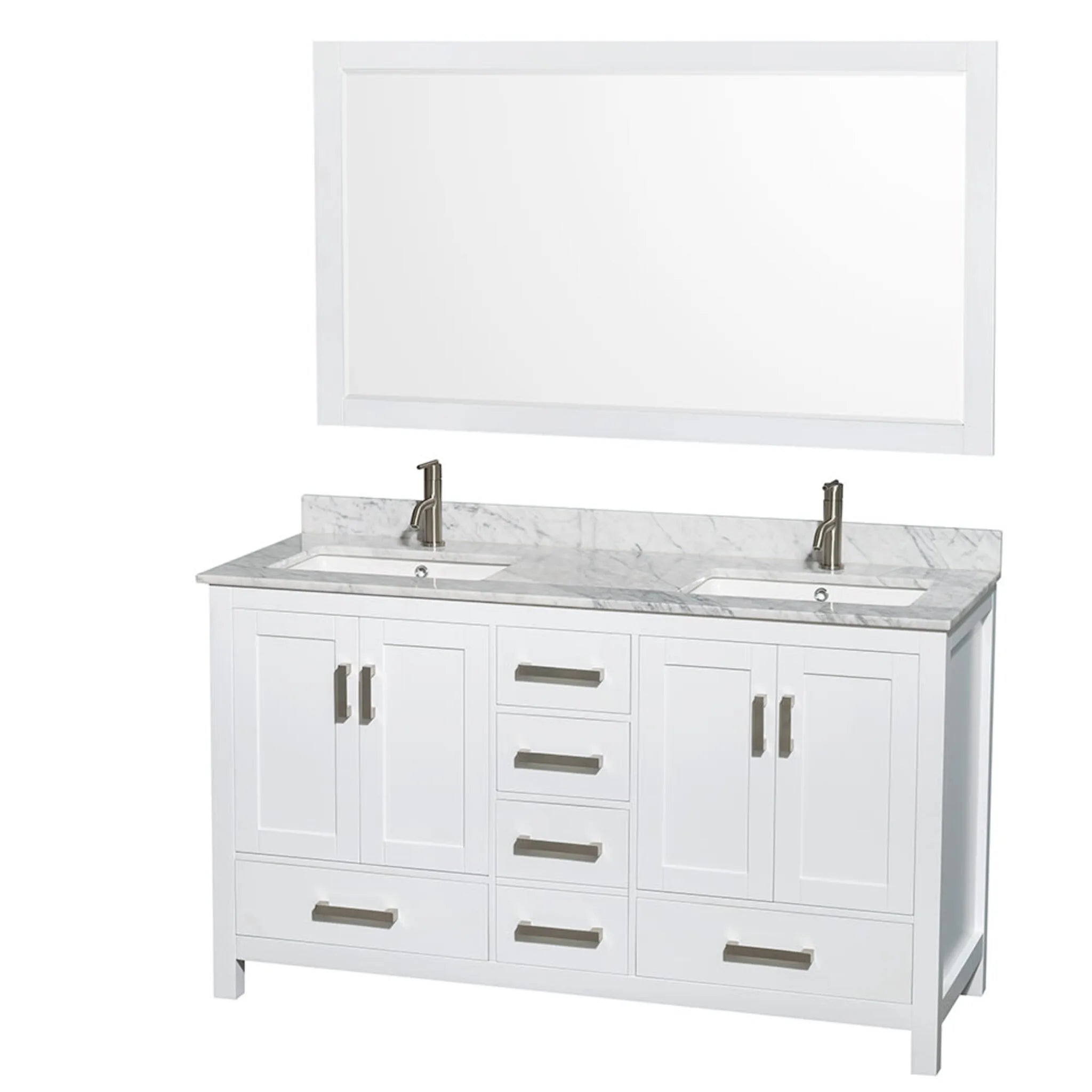 60" Sheffield Double Bathroom Vanity in White with Brushed Chrome Trim & 58" Mirror by Wyndham