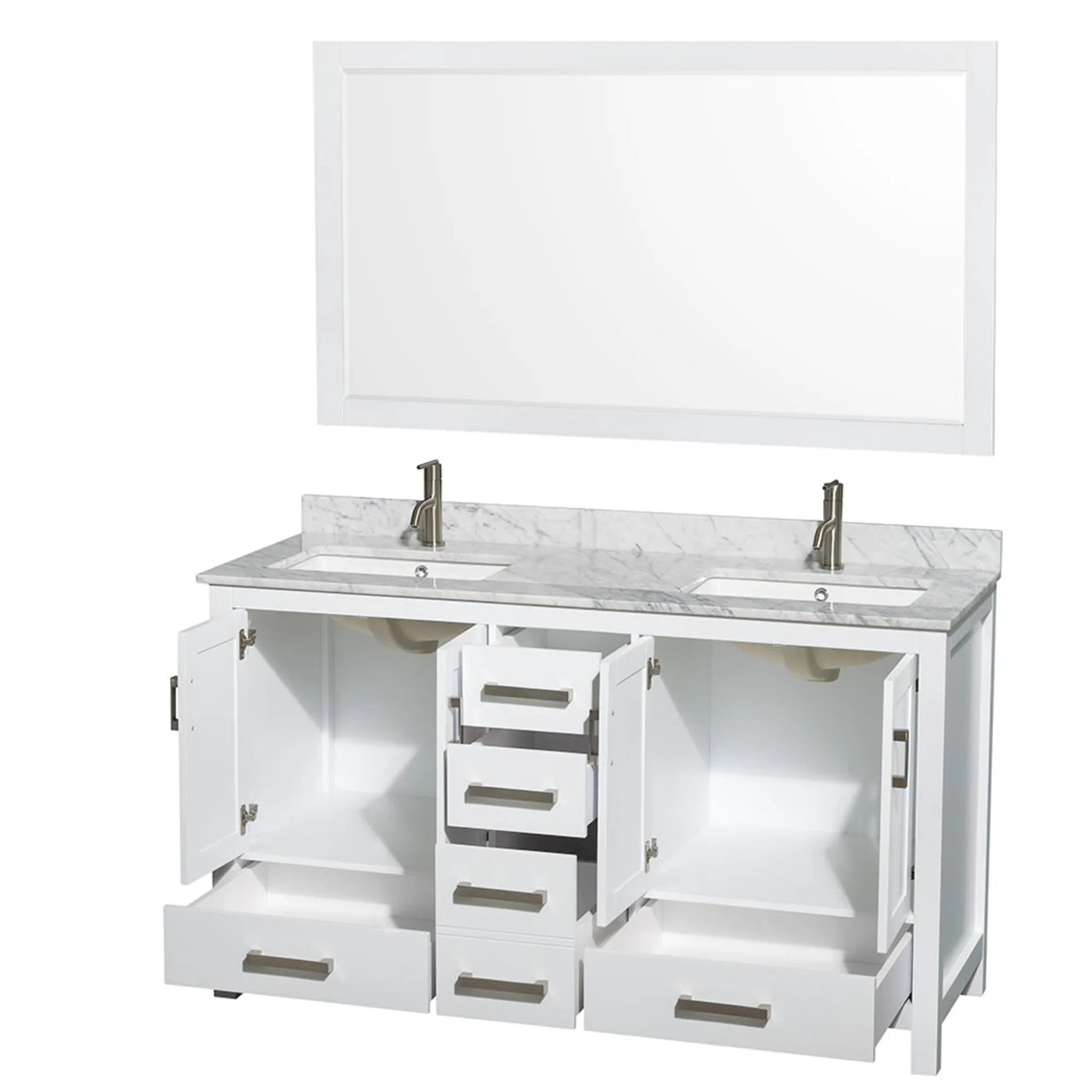 60" Sheffield Double Bathroom Vanity in White with Brushed Chrome Trim & 58" Mirror by Wyndham