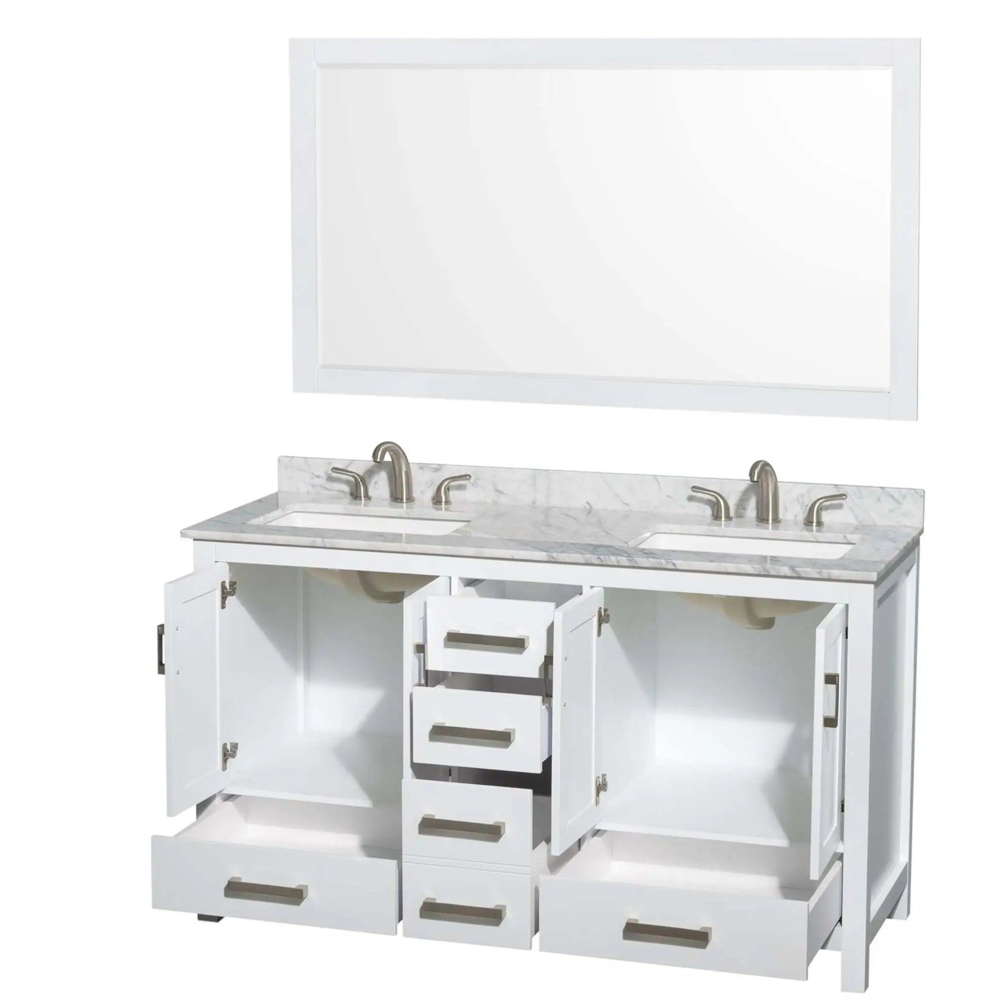 60" Sheffield Double Bathroom Vanity in White with Brushed Chrome Trim & 58" Mirror by Wyndham