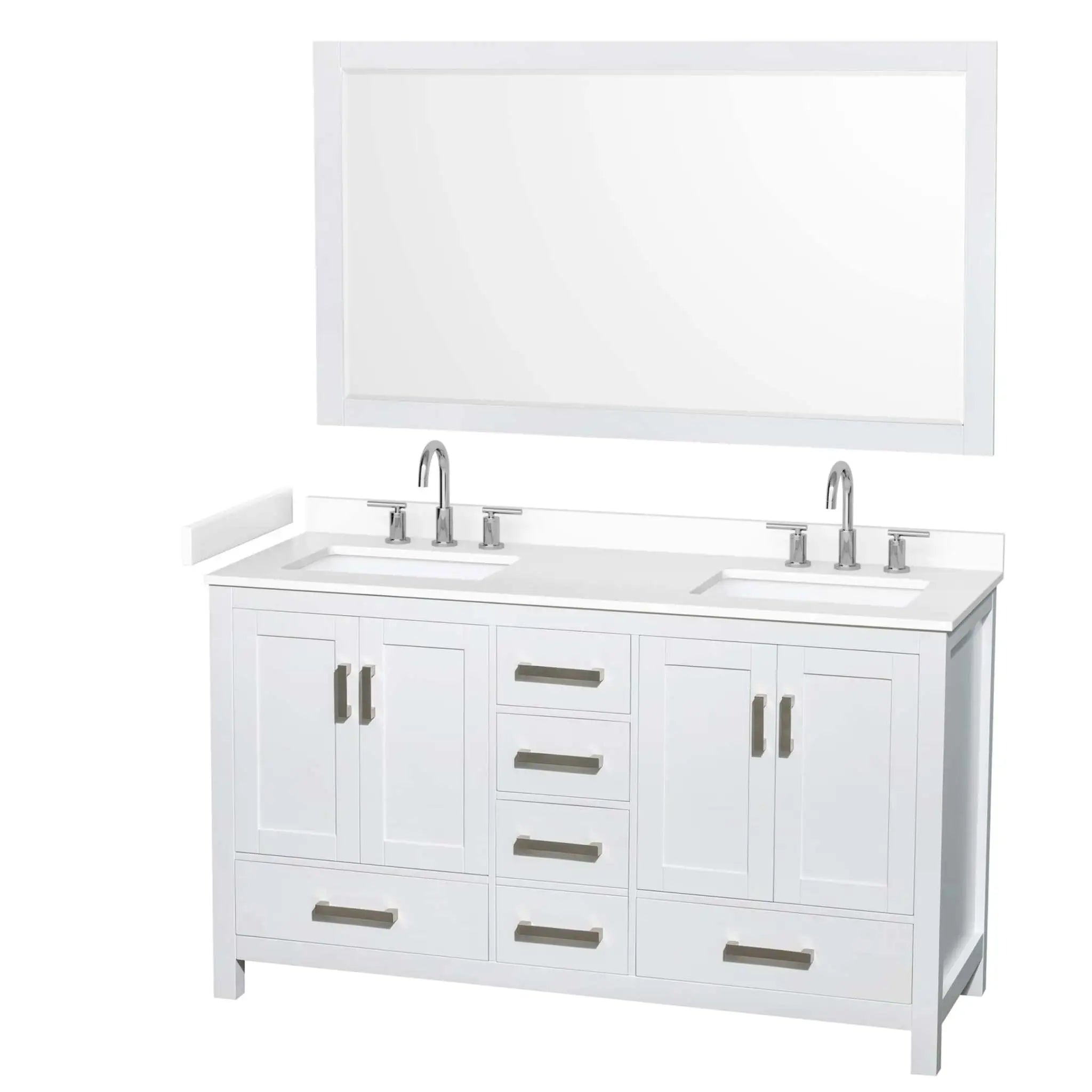 60" Sheffield Double Bathroom Vanity in White with Brushed Chrome Trim & 58" Mirror by Wyndham