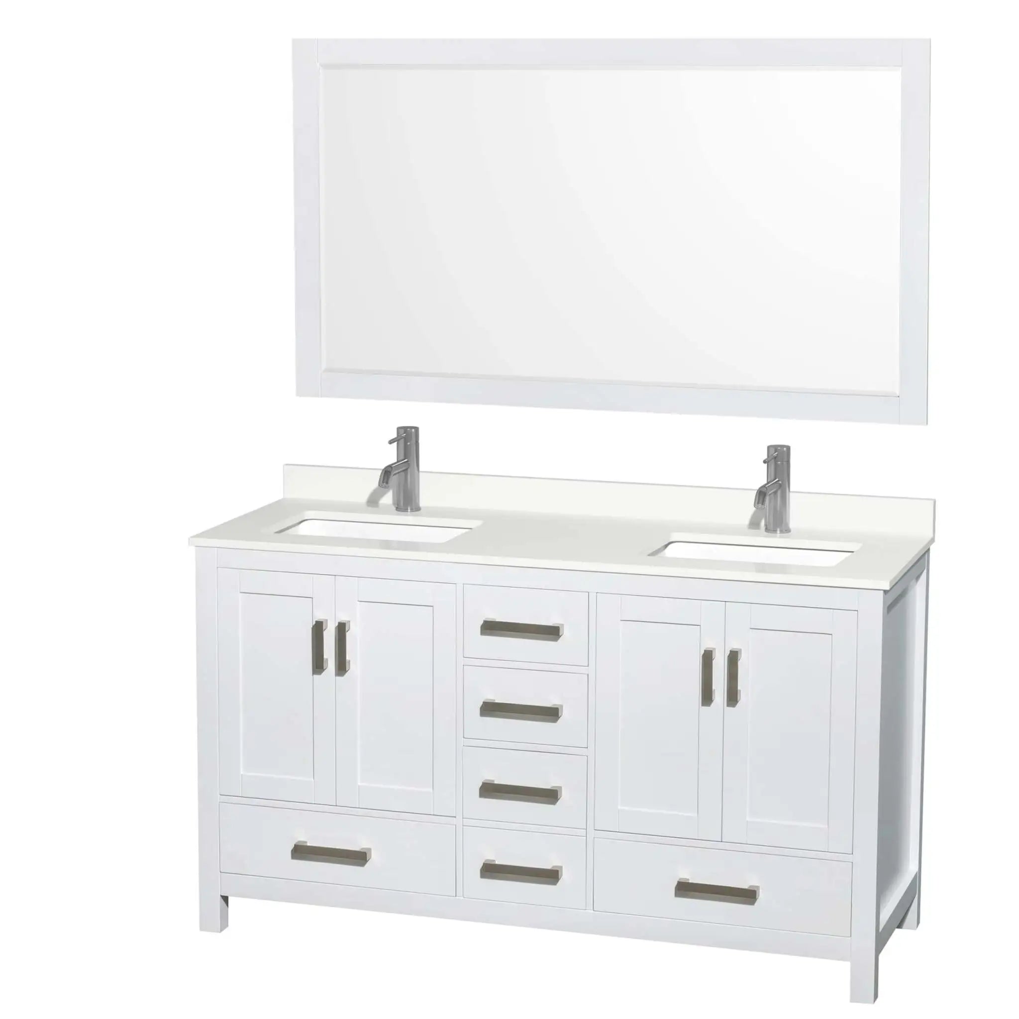 60" Sheffield Double Bathroom Vanity in White with Brushed Chrome Trim & 58" Mirror by Wyndham