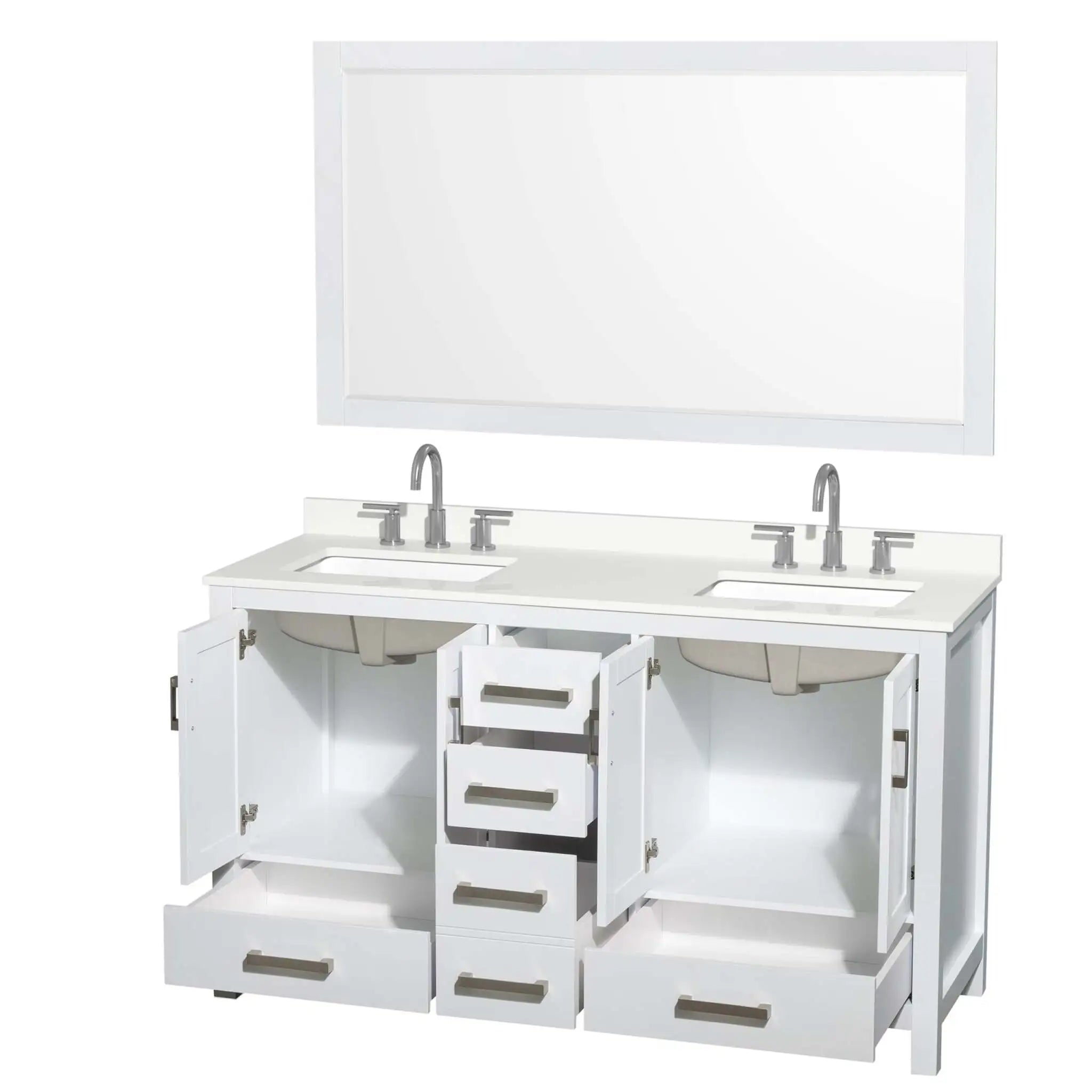 60" Sheffield Double Bathroom Vanity in White with Brushed Chrome Trim & 58" Mirror by Wyndham