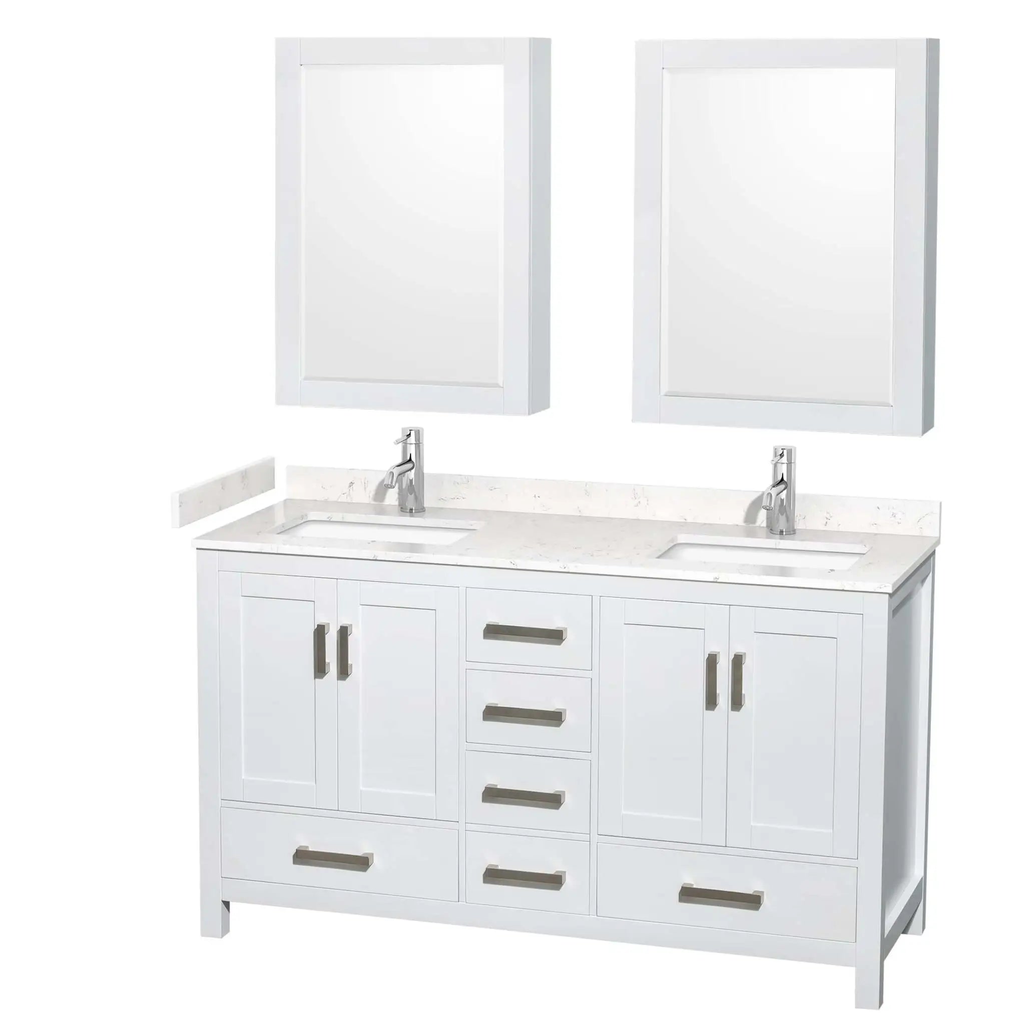 60" Sheffield Double Bathroom Vanity in White with Brushed Chrome Trim & Medicine Cabinet by Wyndham