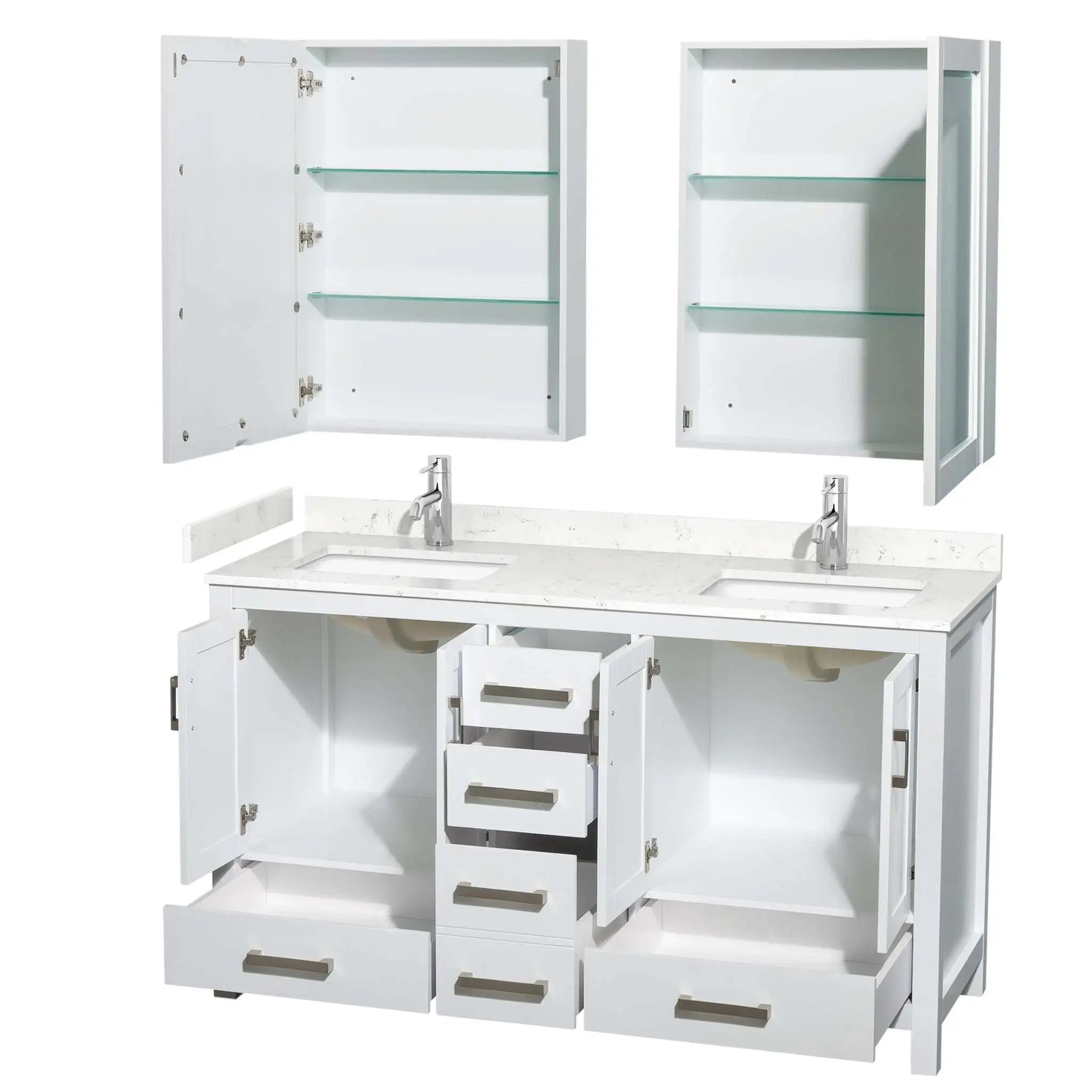 60" Sheffield Double Bathroom Vanity in White with Brushed Chrome Trim & Medicine Cabinet by Wyndham