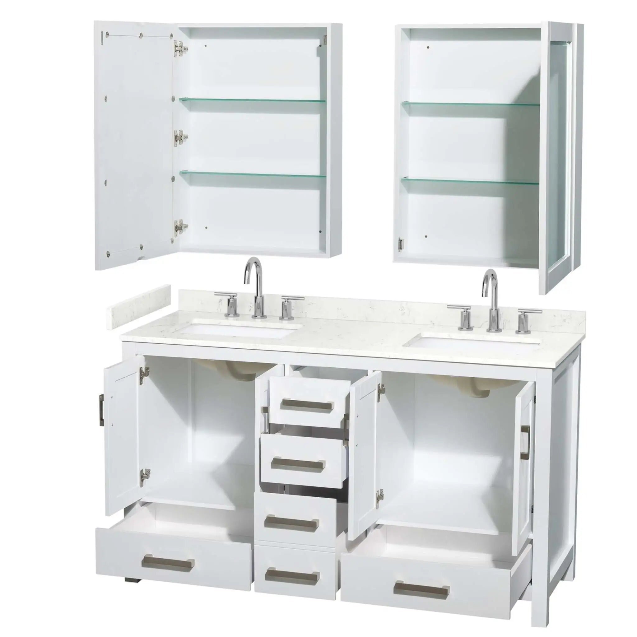 60" Sheffield Double Bathroom Vanity in White with Brushed Chrome Trim & Medicine Cabinet by Wyndham