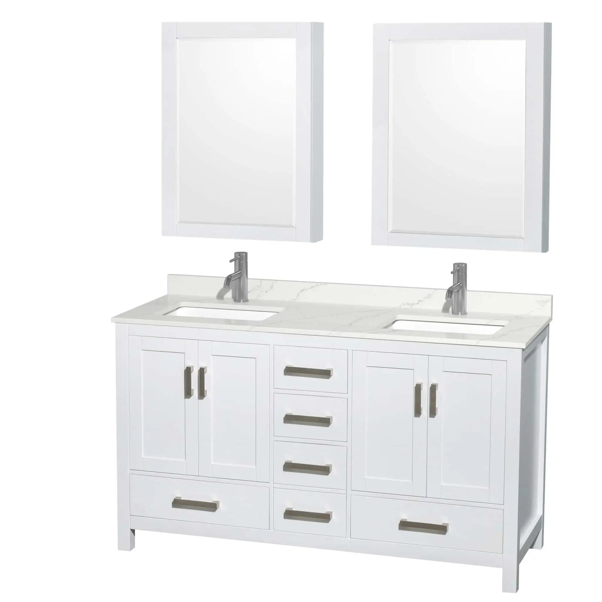 60" Sheffield Double Bathroom Vanity in White with Brushed Chrome Trim & Medicine Cabinet by Wyndham