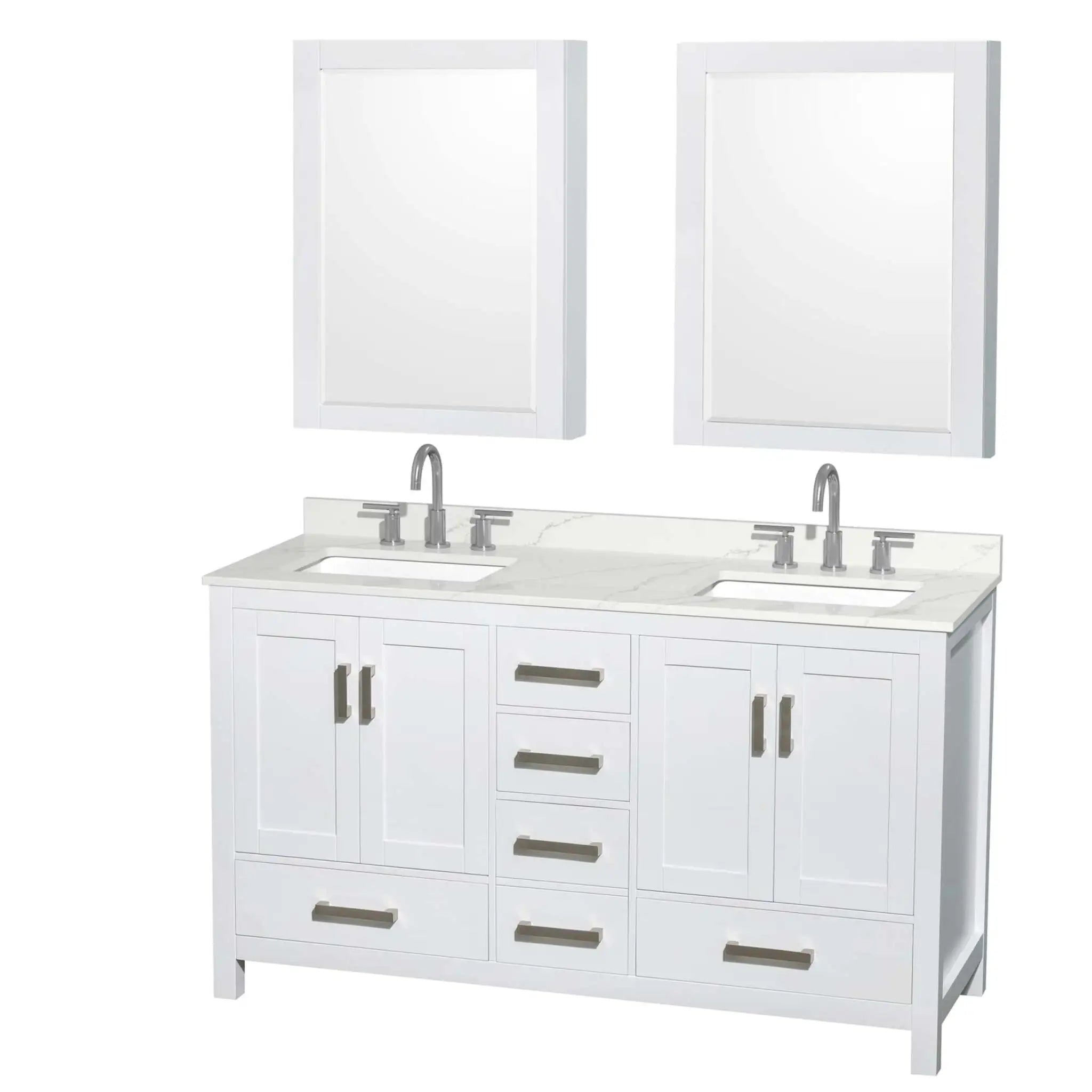 60" Sheffield Double Bathroom Vanity in White with Brushed Chrome Trim & Medicine Cabinet by Wyndham
