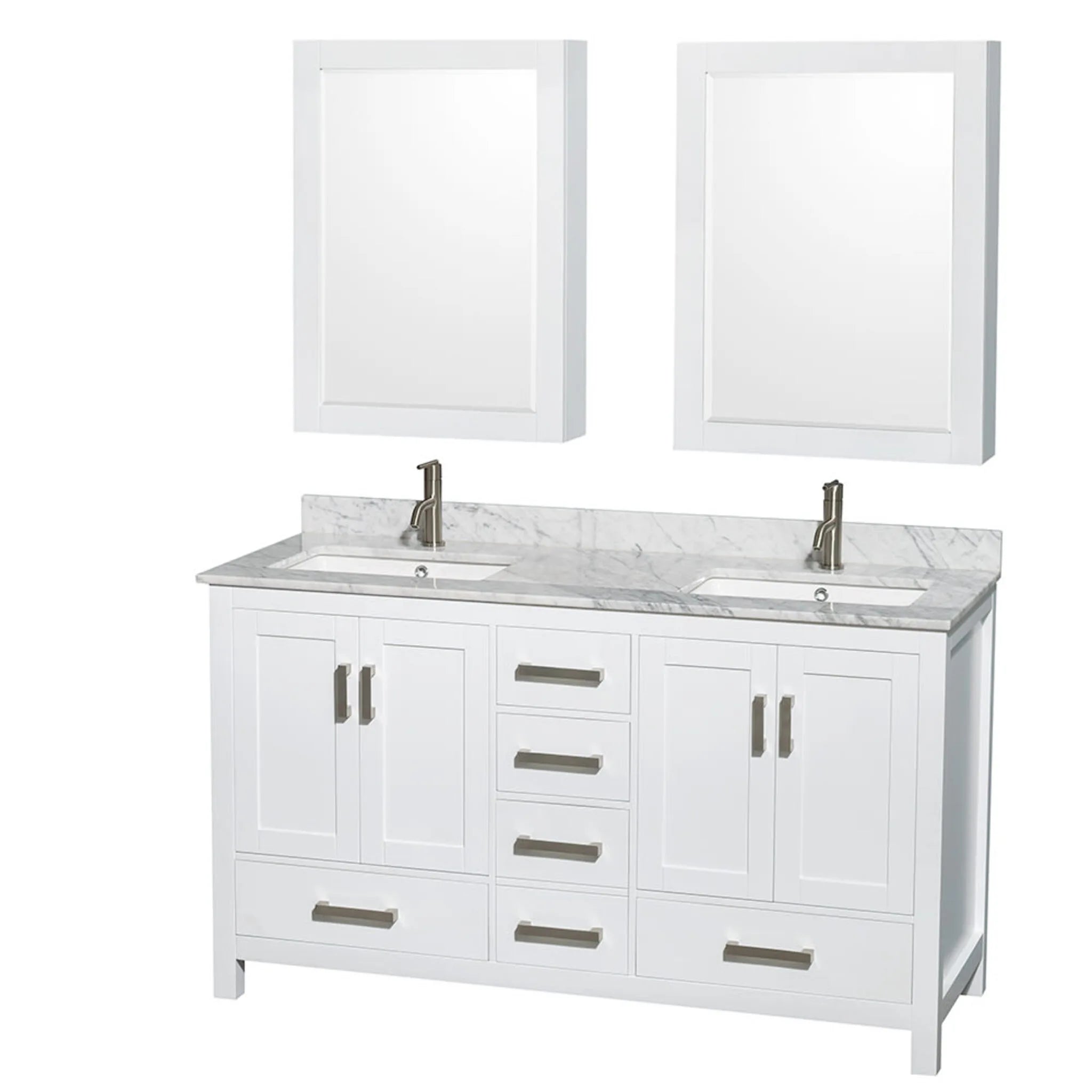 60" Sheffield Double Bathroom Vanity in White with Brushed Chrome Trim & Medicine Cabinet by Wyndham