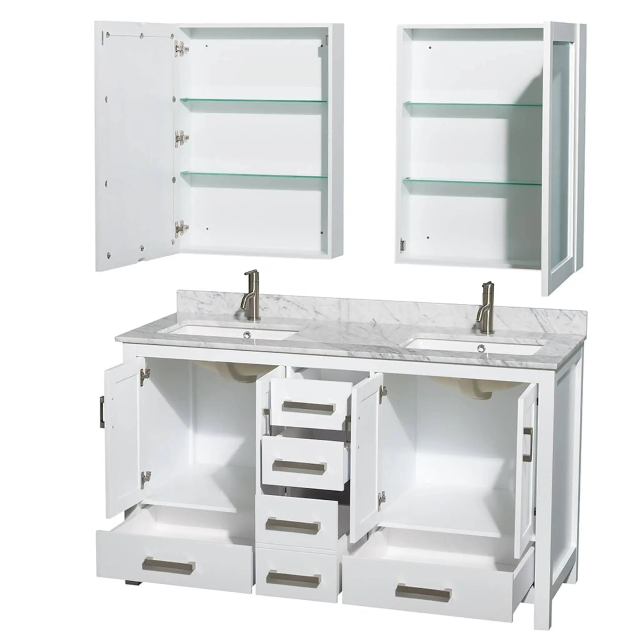 60" Sheffield Double Bathroom Vanity in White with Brushed Chrome Trim & Medicine Cabinet by Wyndham