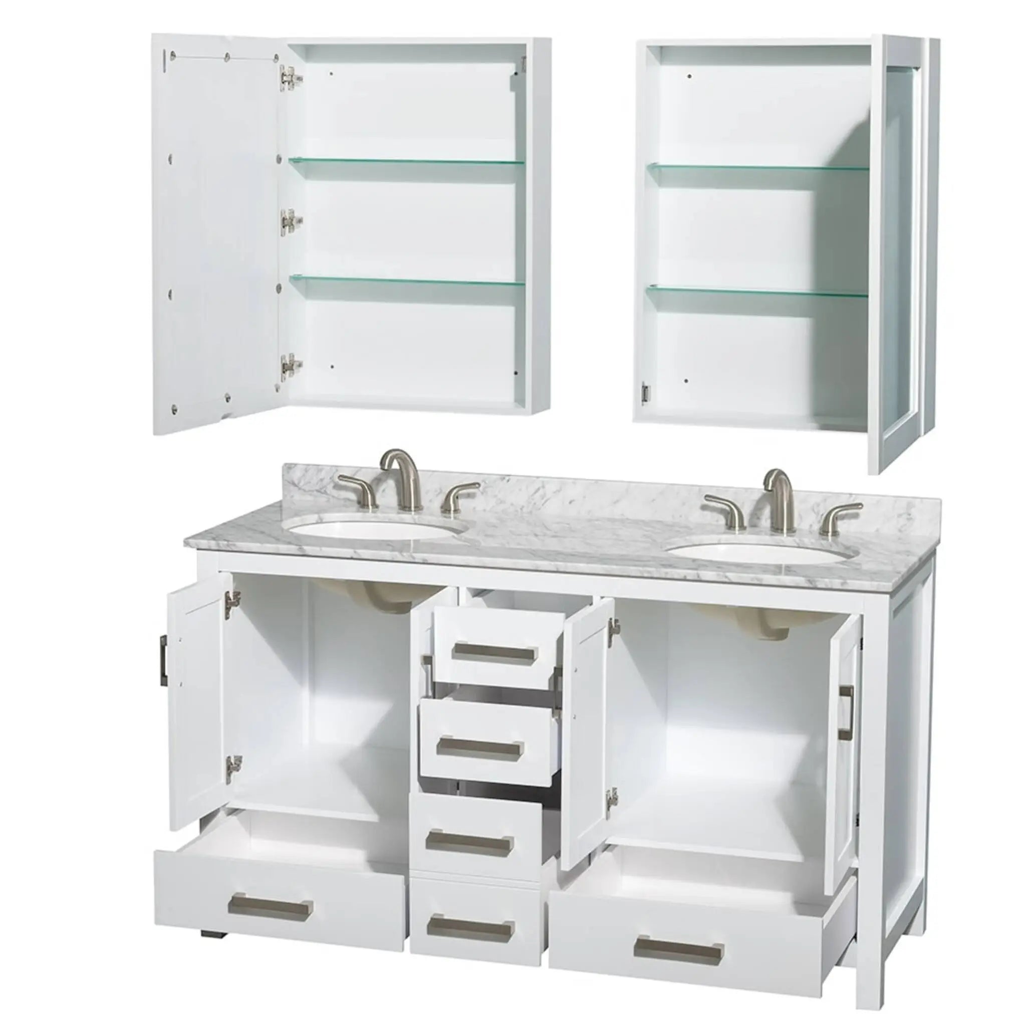 60" Sheffield Double Bathroom Vanity in White with Brushed Chrome Trim & Medicine Cabinet by Wyndham