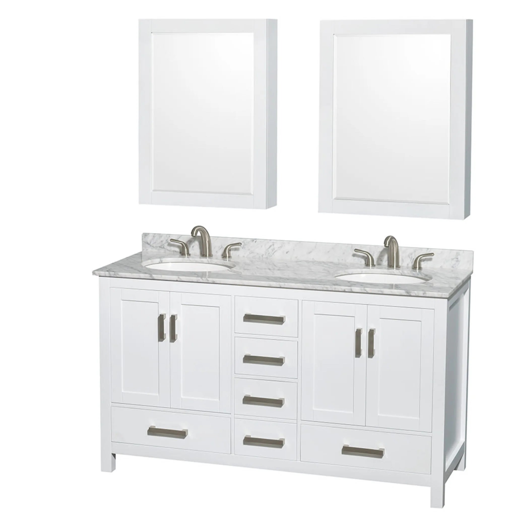 60" Sheffield Double Bathroom Vanity in White with Brushed Chrome Trim & Medicine Cabinet by Wyndham