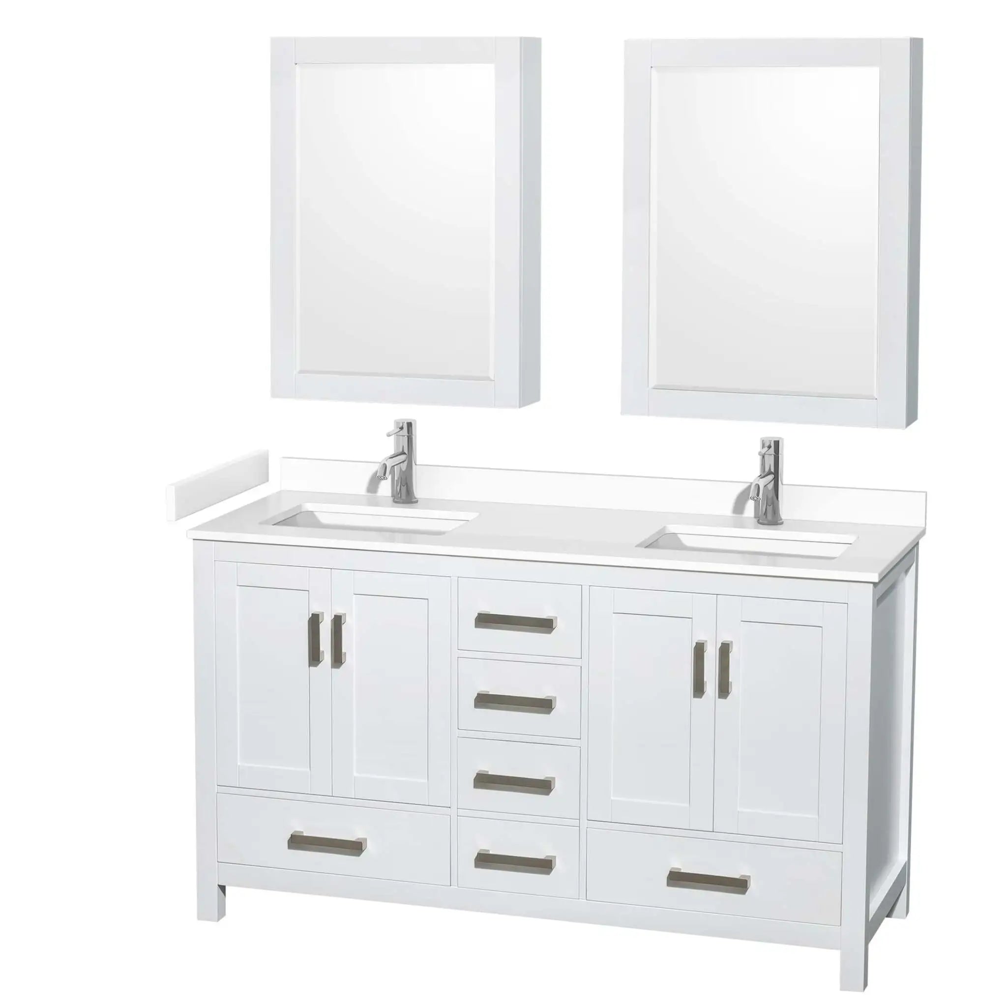60" Sheffield Double Bathroom Vanity in White with Brushed Chrome Trim & Medicine Cabinet by Wyndham