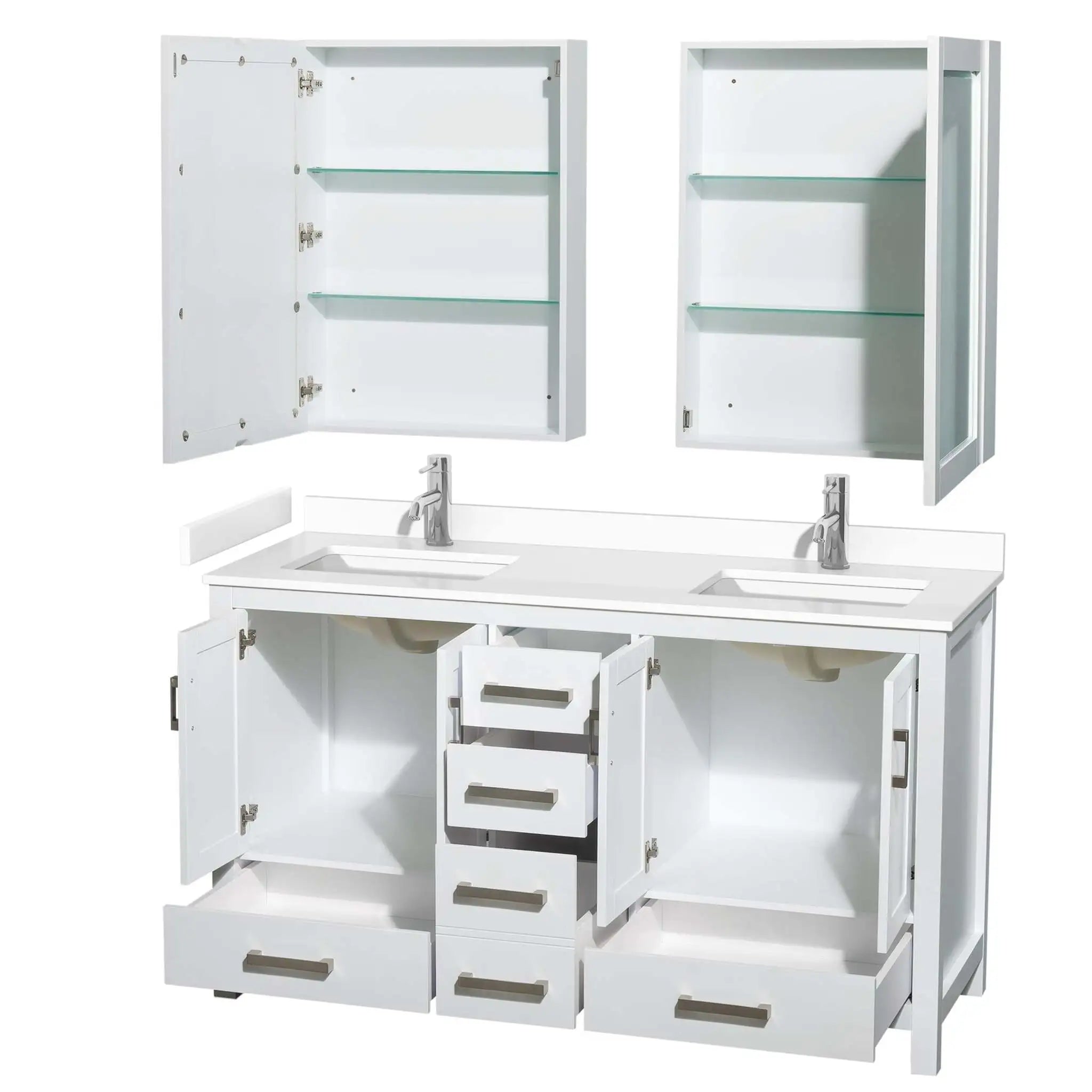 60" Sheffield Double Bathroom Vanity in White with Brushed Chrome Trim & Medicine Cabinet by Wyndham