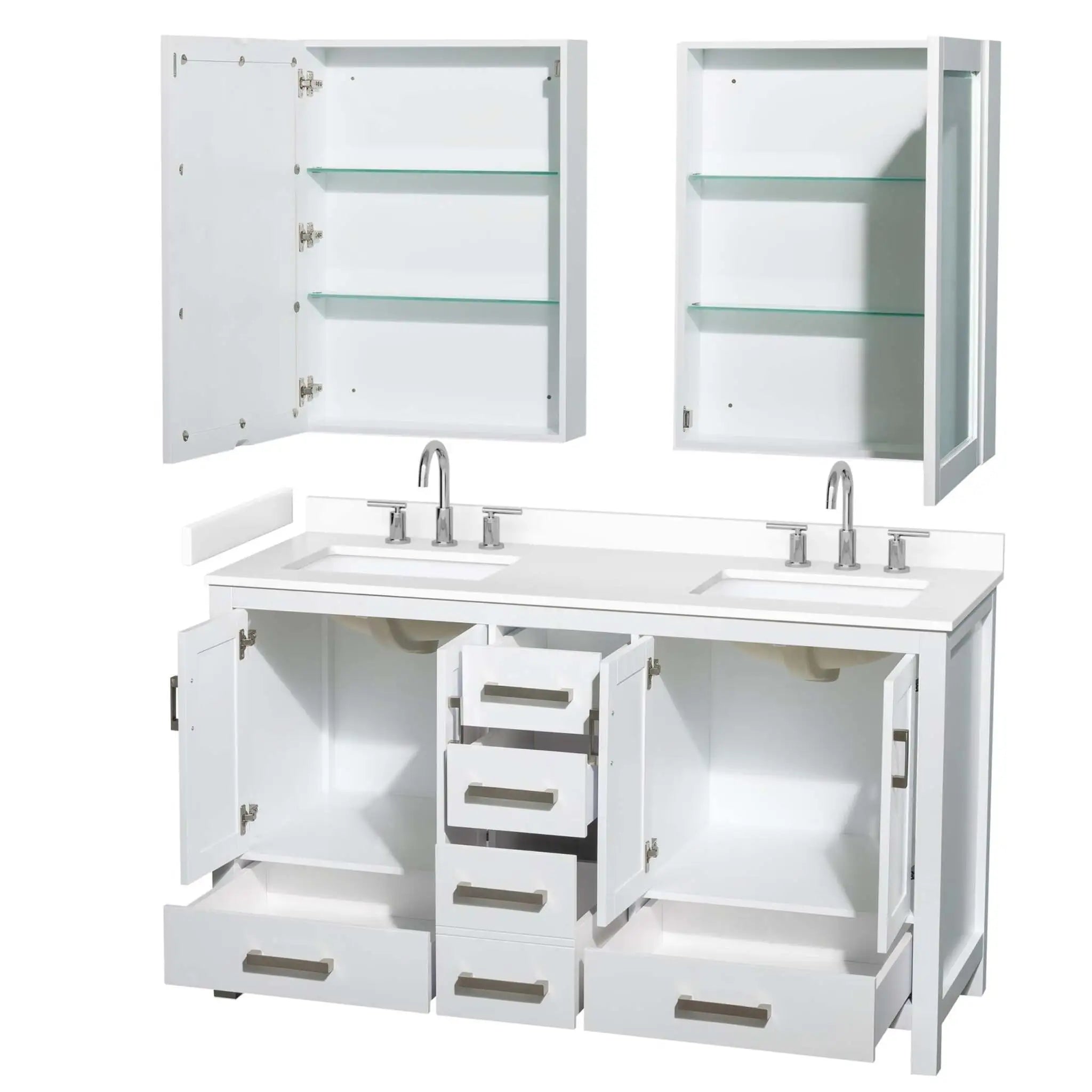 60" Sheffield Double Bathroom Vanity in White with Brushed Chrome Trim & Medicine Cabinet by Wyndham