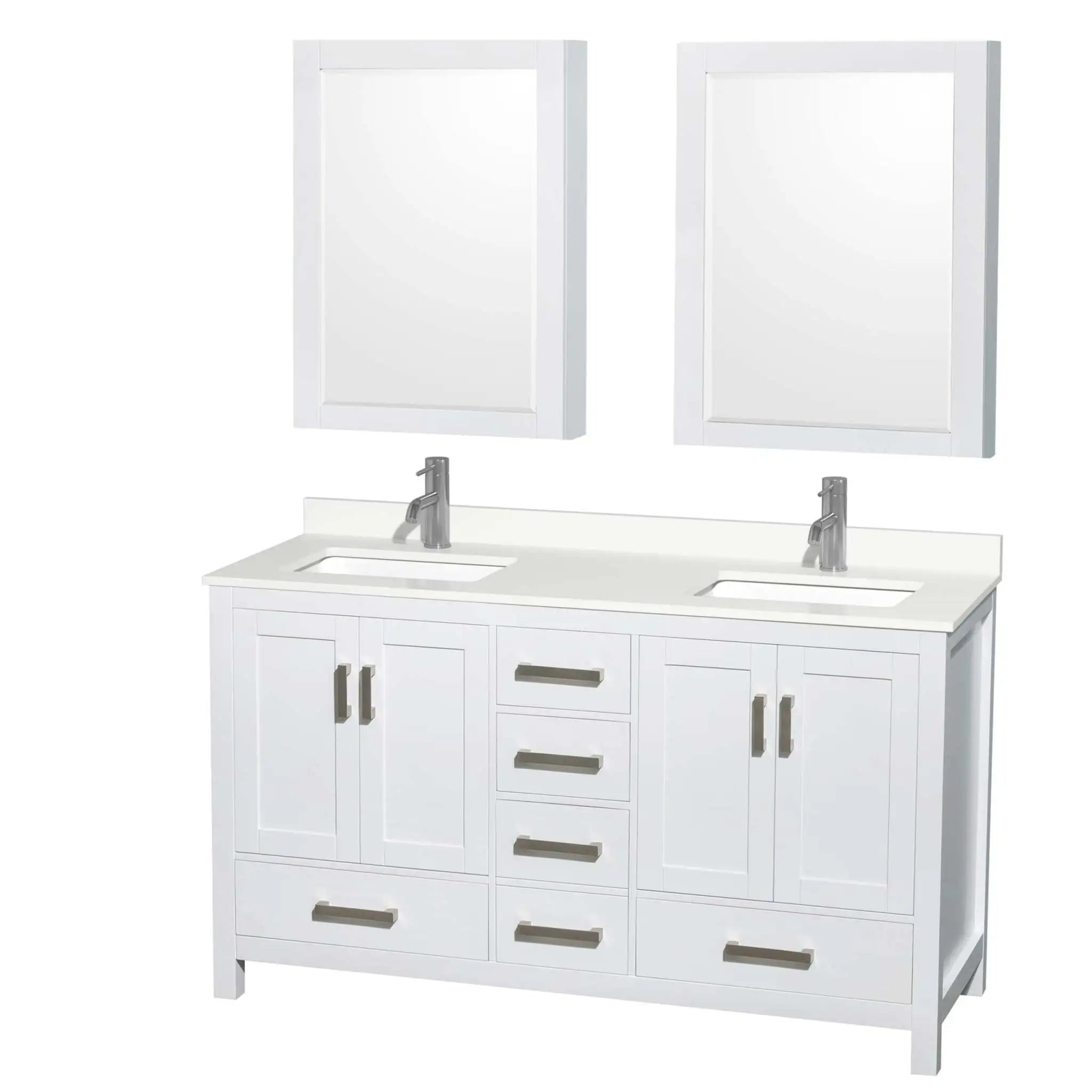 60" Sheffield Double Bathroom Vanity in White with Brushed Chrome Trim & Medicine Cabinet by Wyndham