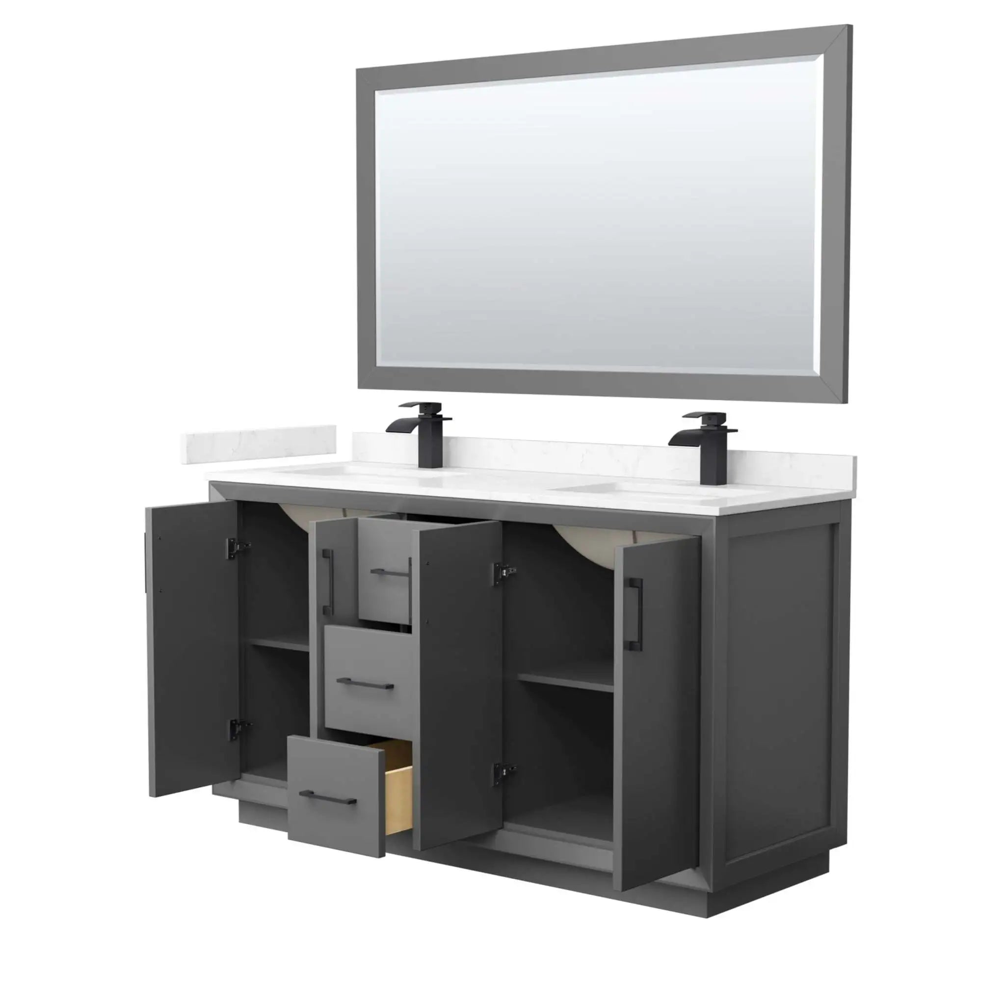 60" Strada Double Bathroom Vanity in Dark Gray with Matte Black Trim & 58" Mirror by Wyndham
