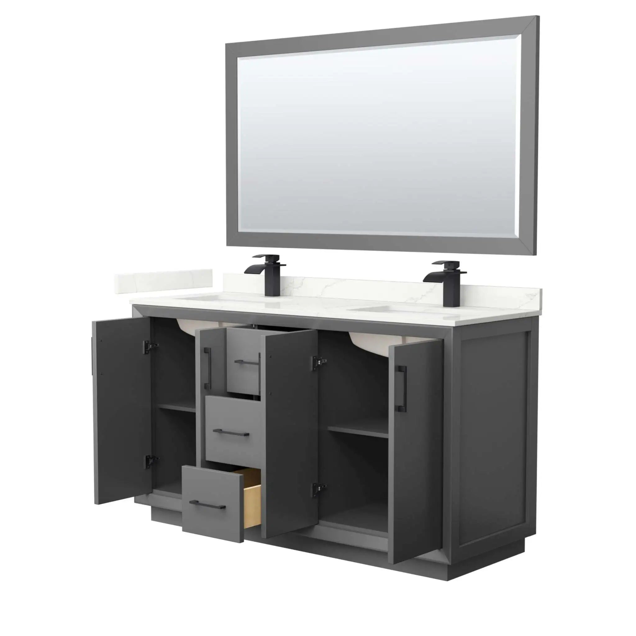 60" Strada Double Bathroom Vanity in Dark Gray with Matte Black Trim & 58" Mirror by Wyndham