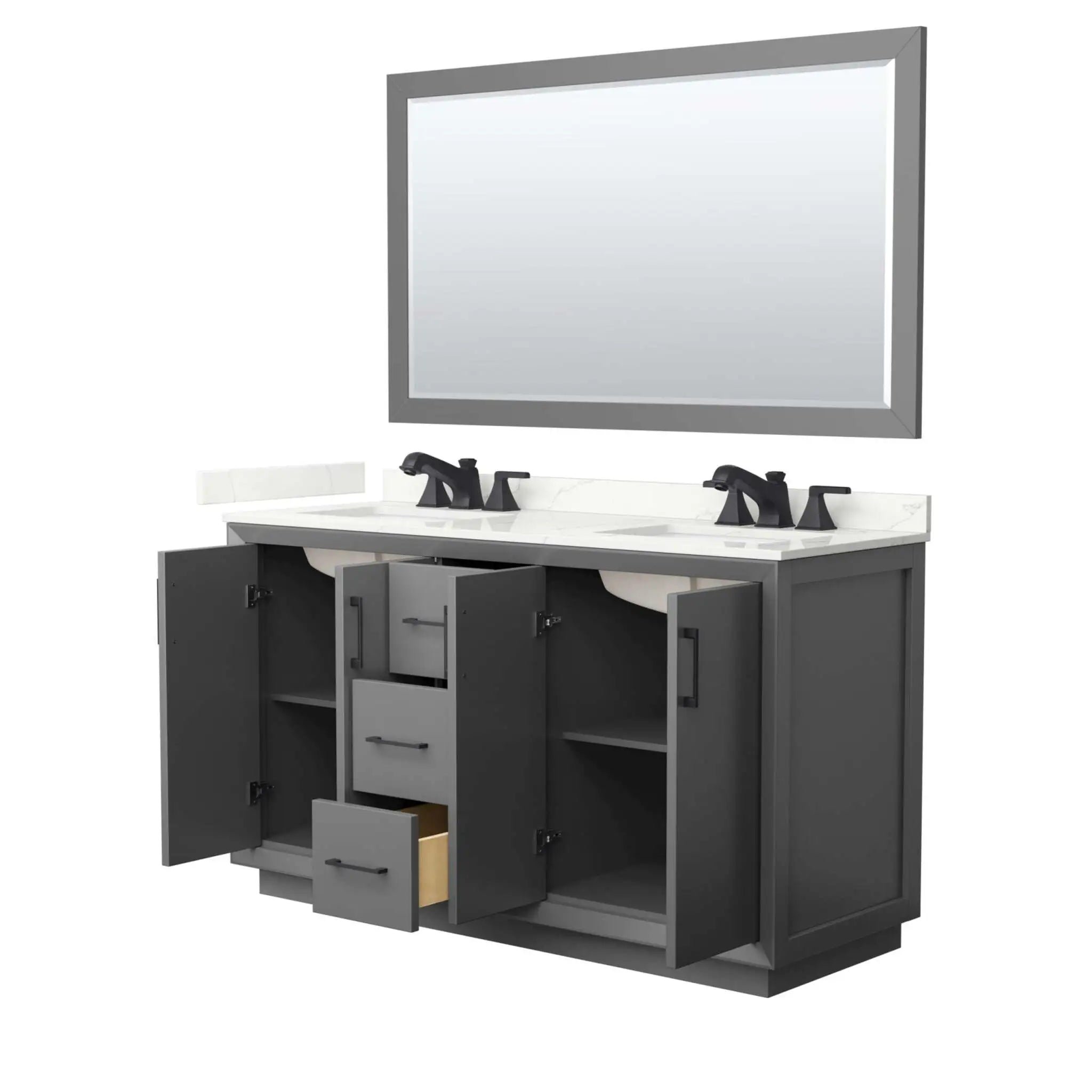 60" Strada Double Bathroom Vanity in Dark Gray with Matte Black Trim & 58" Mirror by Wyndham