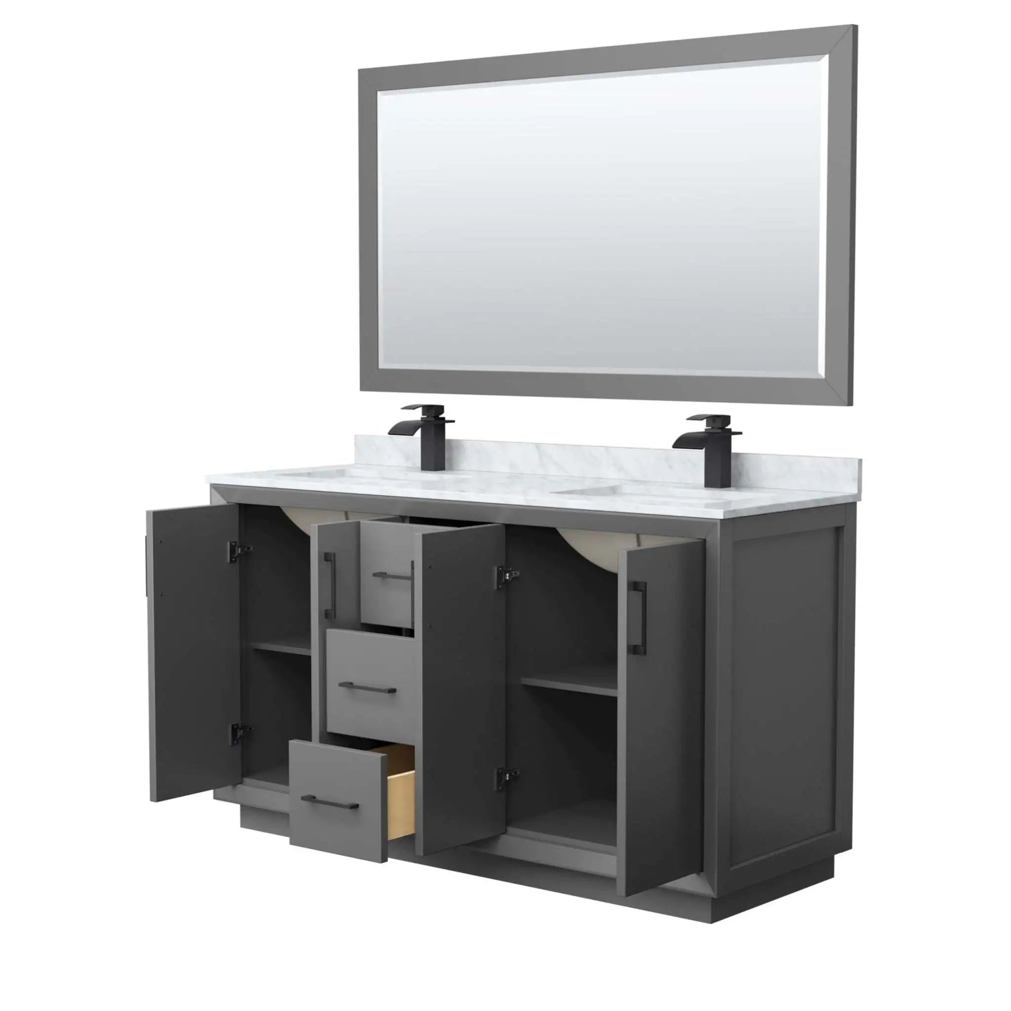 60" Strada Double Bathroom Vanity in Dark Gray with Matte Black Trim & 58" Mirror by Wyndham