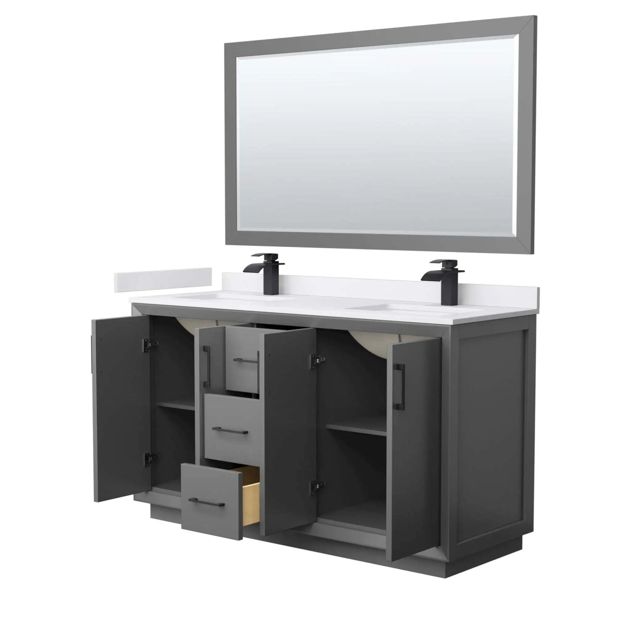 60" Strada Double Bathroom Vanity in Dark Gray with Matte Black Trim & 58" Mirror by Wyndham