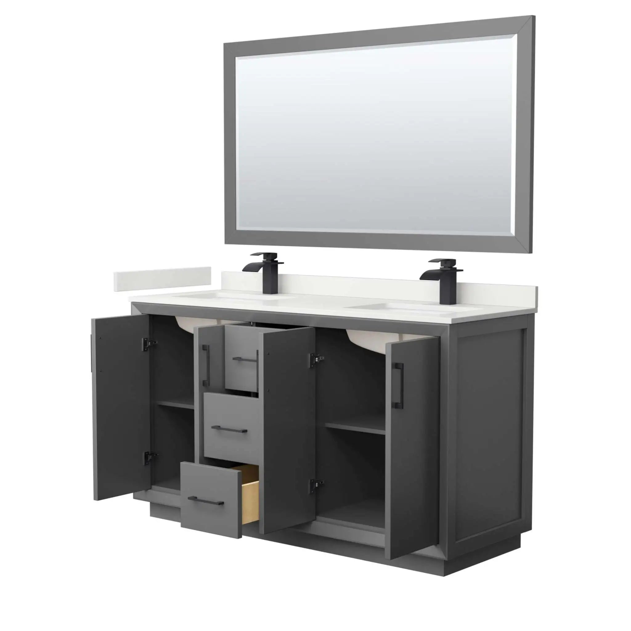 60" Strada Double Bathroom Vanity in Dark Gray with Matte Black Trim & 58" Mirror by Wyndham