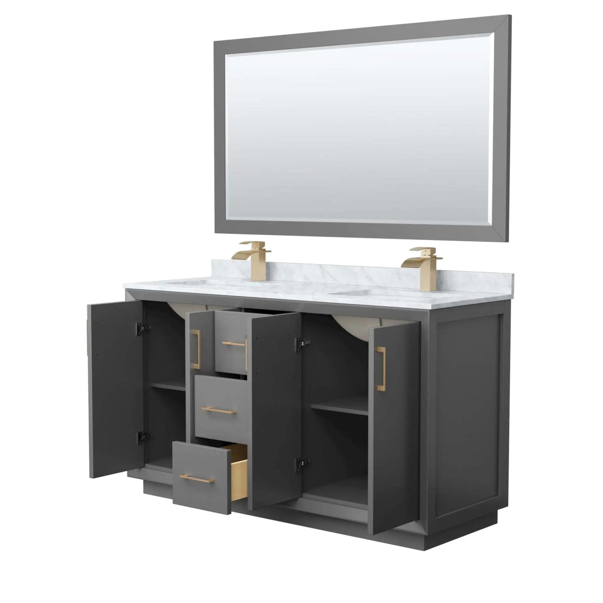60" Strada Double Bathroom Vanity in Dark Gray with Satin Bronze Trim & 58" Mirror by Wyndham