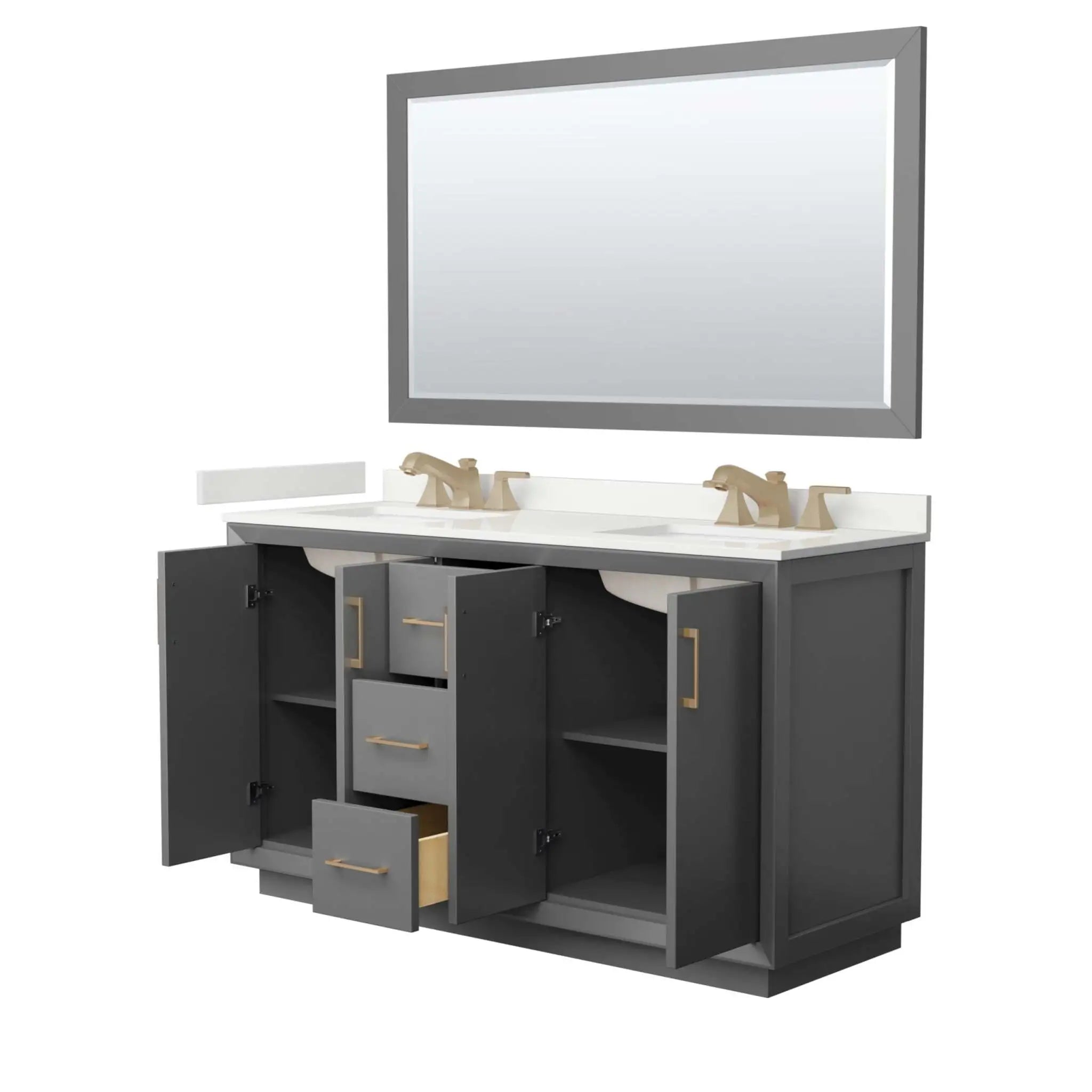 60" Strada Double Bathroom Vanity in Dark Gray with Satin Bronze Trim & 58" Mirror by Wyndham