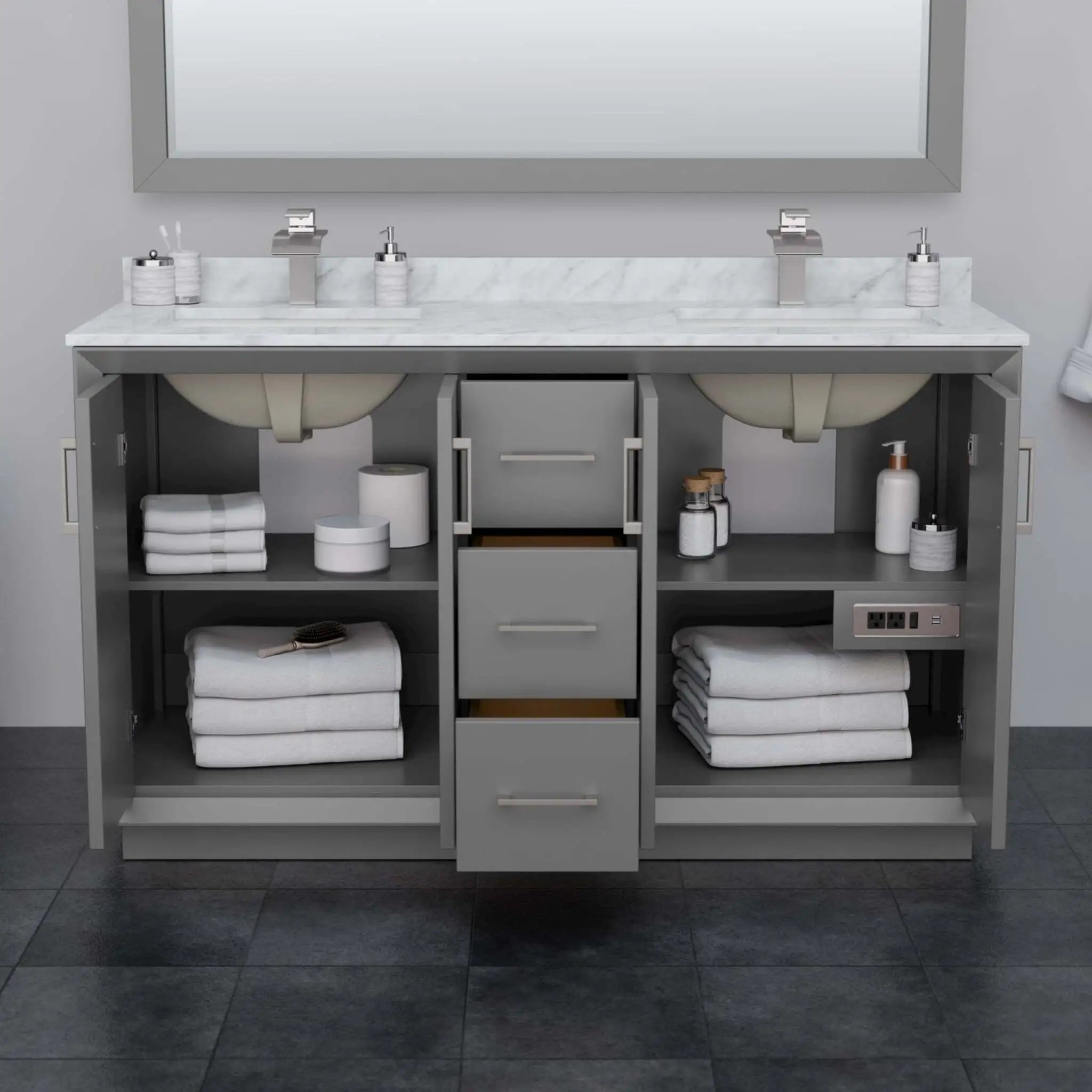 60" Strada Double Bathroom Vanity in Dark Gray with Satin Bronze Trim by Wyndham
