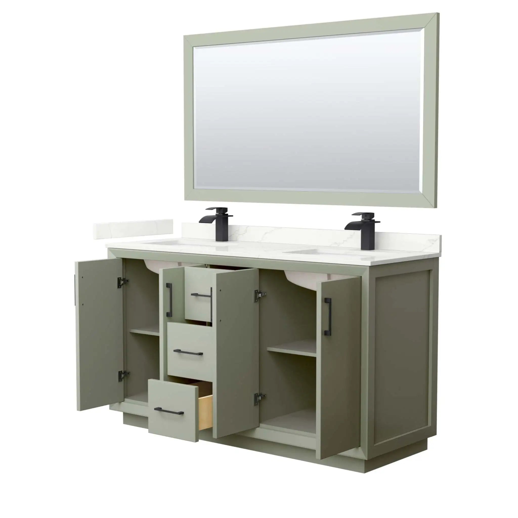 60" Strada Double Bathroom Vanity in Light Green with Matte Black Trim & 58" Mirror by Wyndham