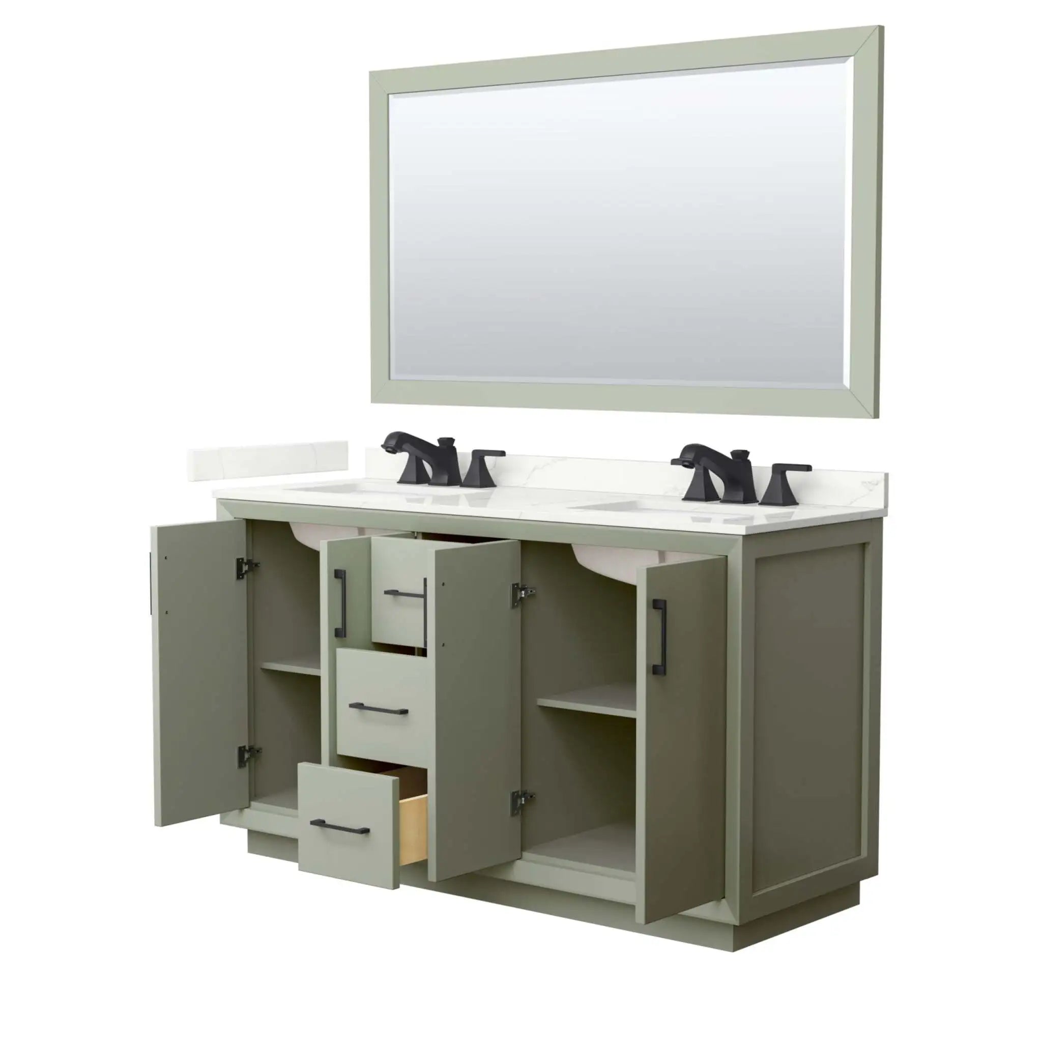60" Strada Double Bathroom Vanity in Light Green with Matte Black Trim & 58" Mirror by Wyndham