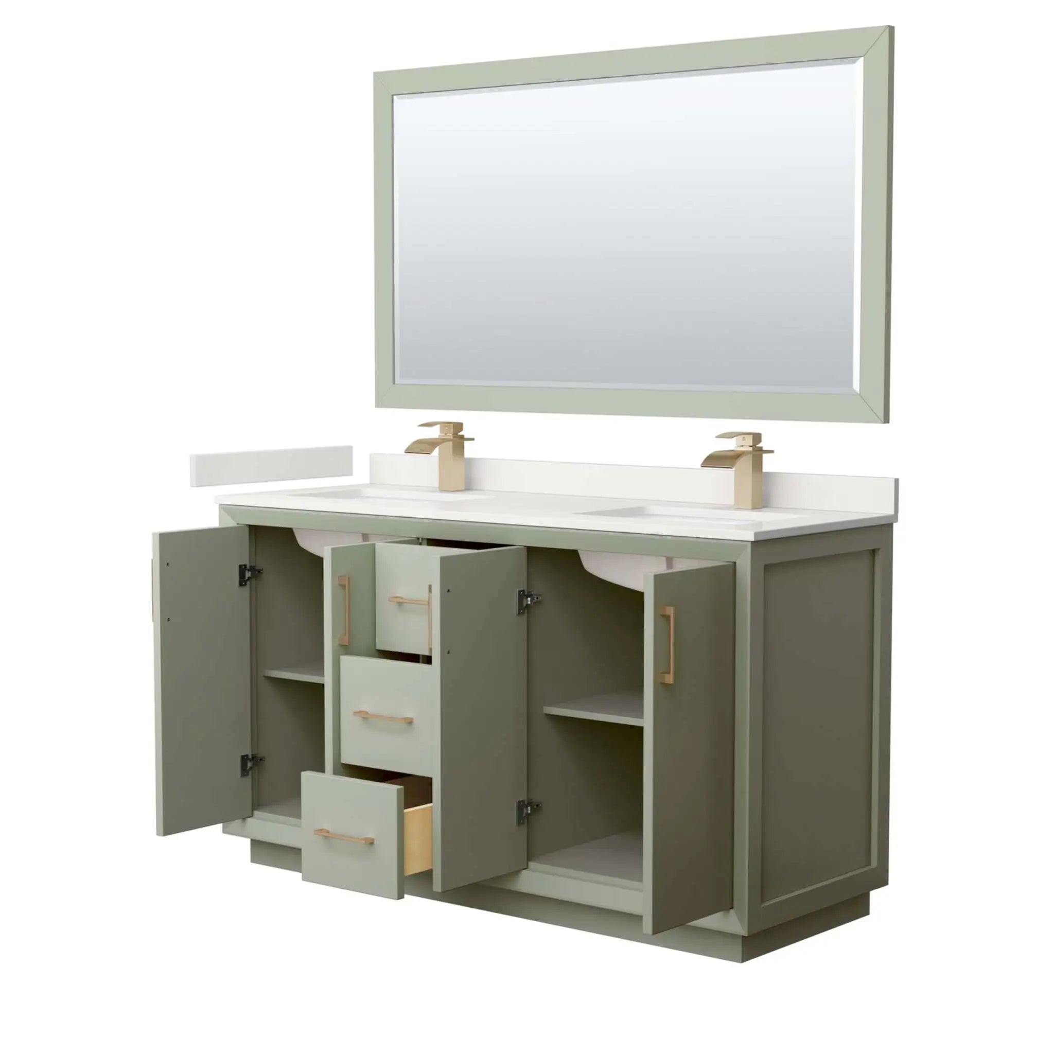 60" Strada Double Bathroom Vanity in Light Green with Satin Bronze Trim & 58" Mirror by Wyndham