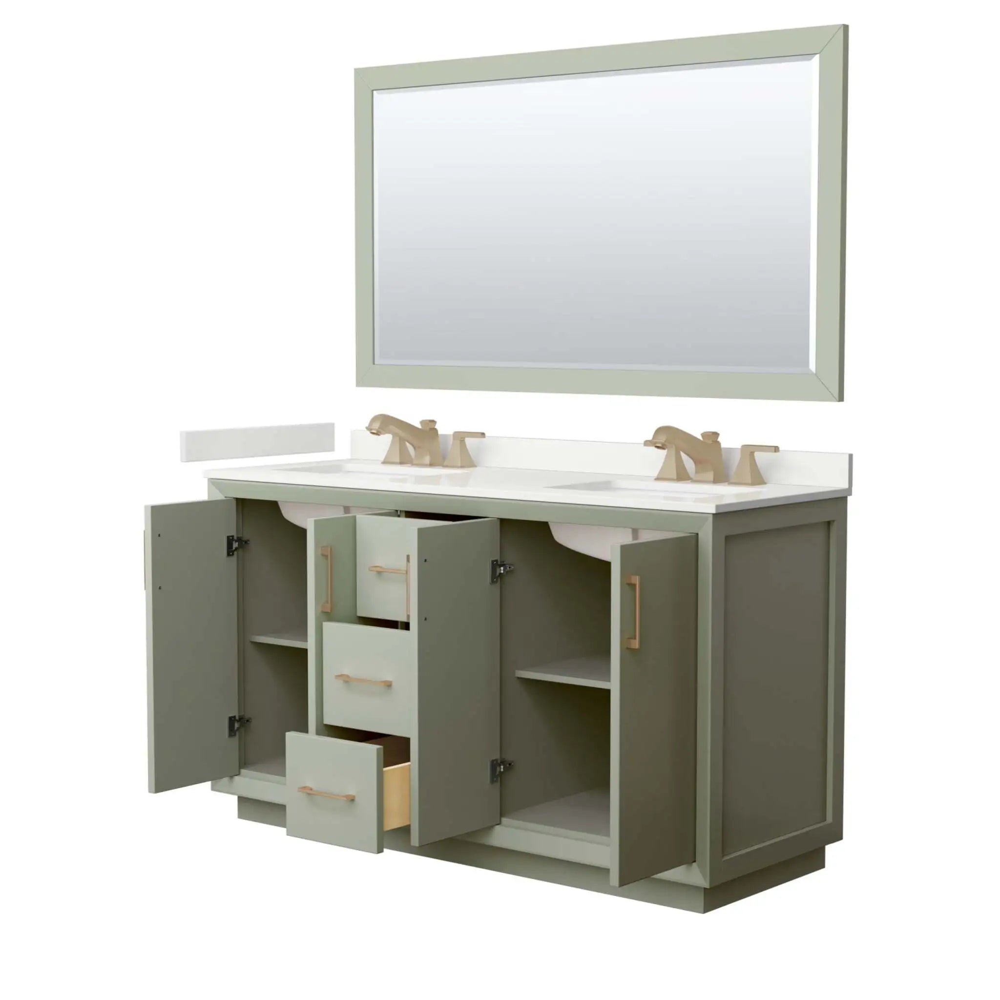 60" Strada Double Bathroom Vanity in Light Green with Satin Bronze Trim & 58" Mirror by Wyndham