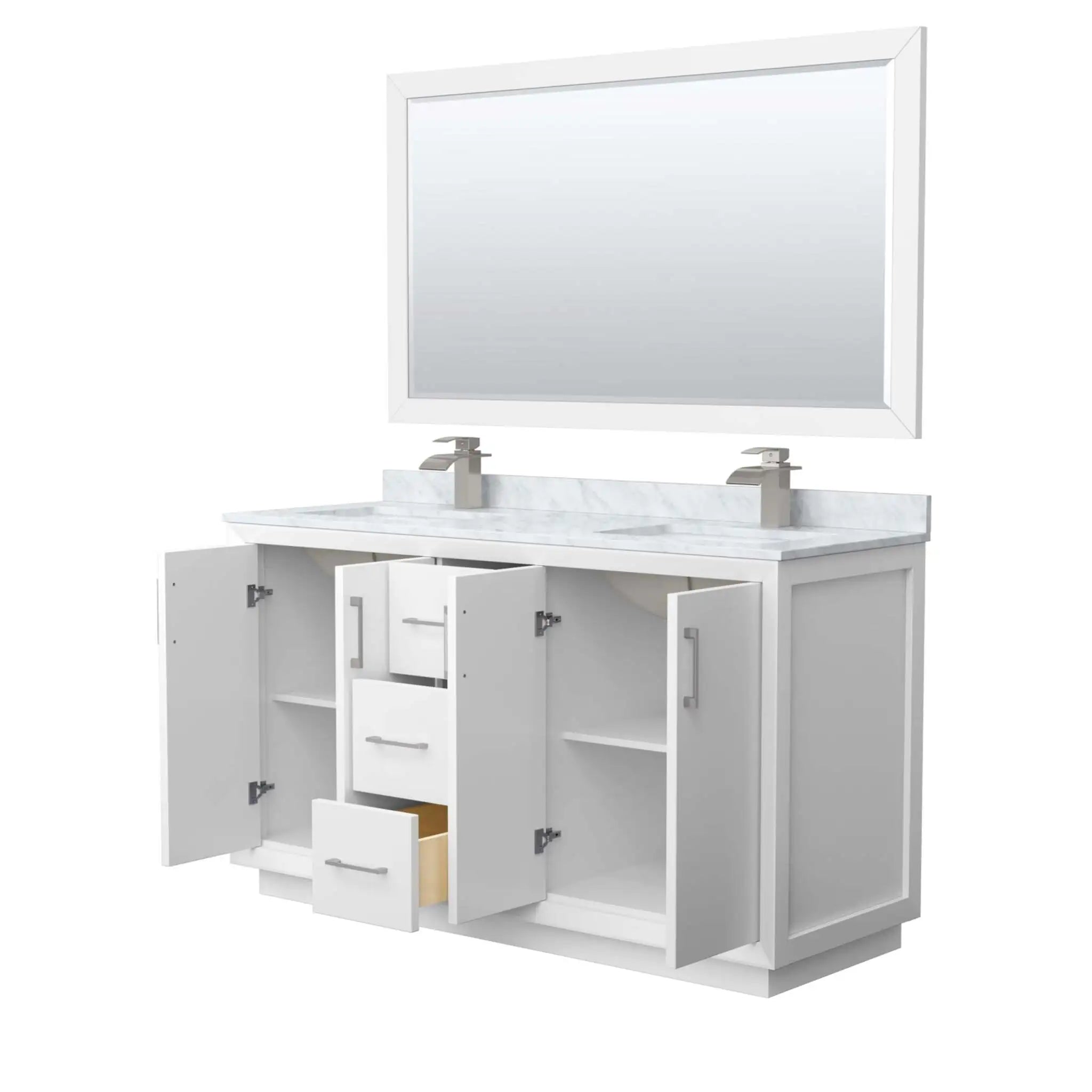 60" Strada Double Bathroom Vanity in White with Brushed Nickel Trim & 58" Mirror by Wyndham