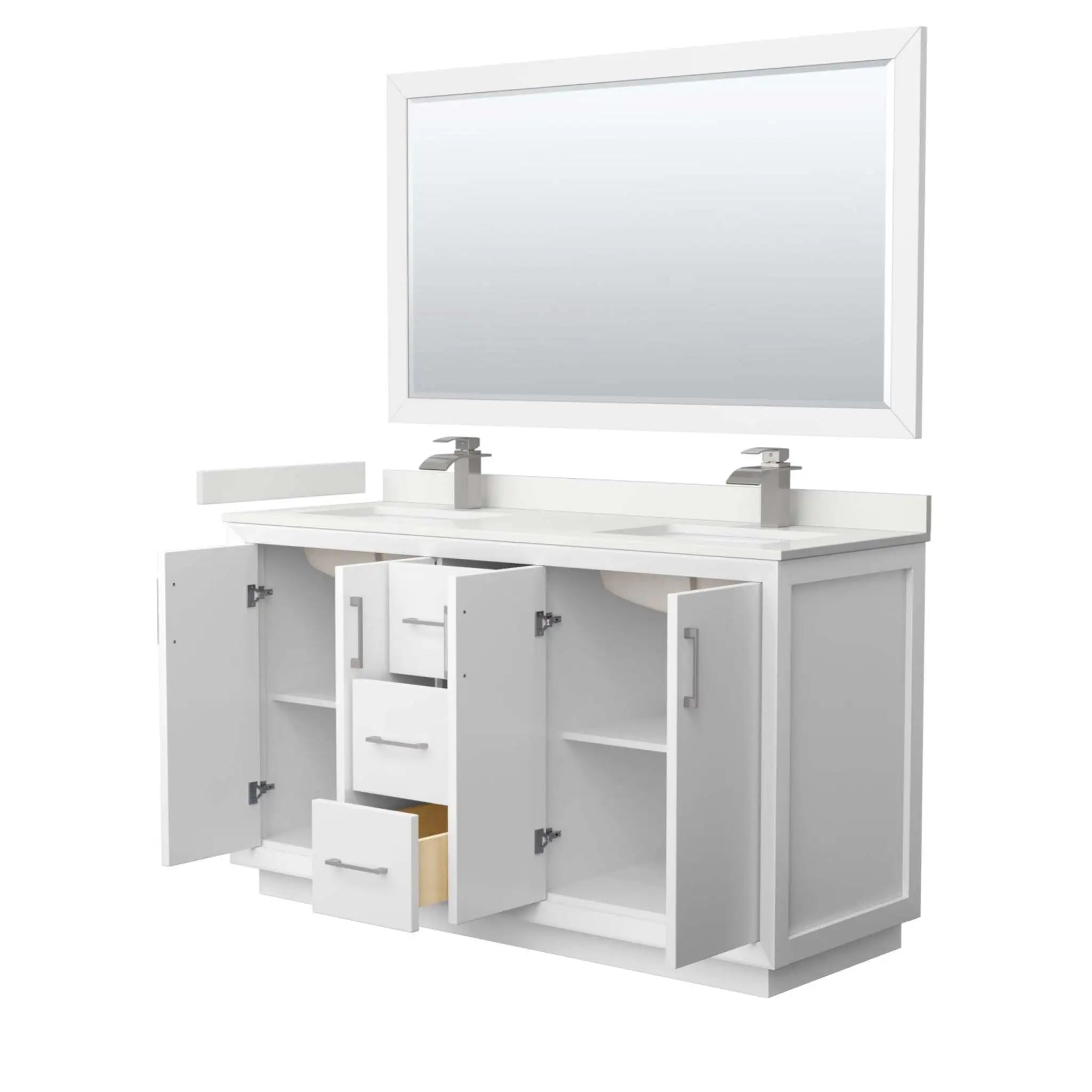 60" Strada Double Bathroom Vanity in White with Brushed Nickel Trim & 58" Mirror by Wyndham