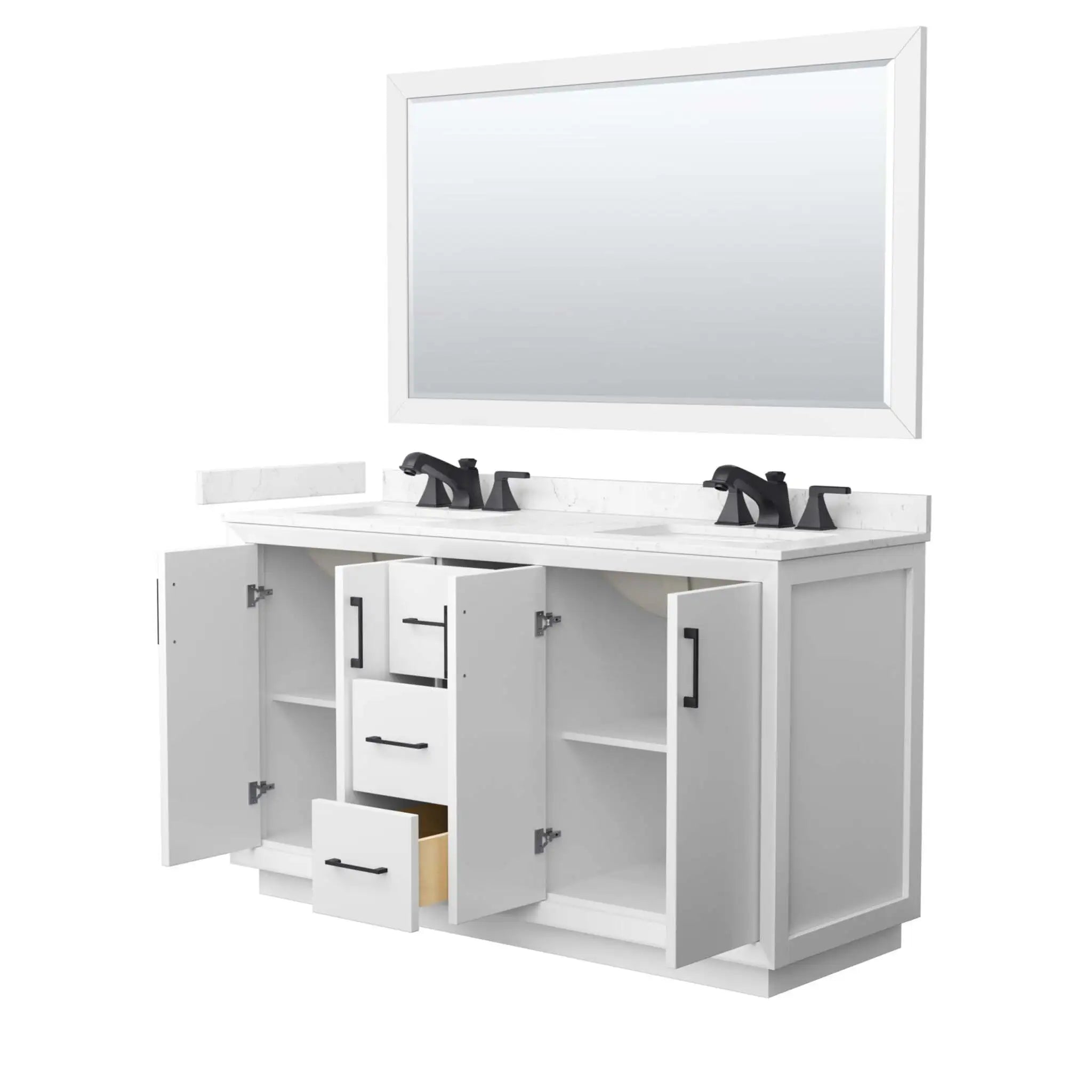 60" Strada Double Bathroom Vanity in White with Matte Black Trim & 58" Mirror by Wyndham