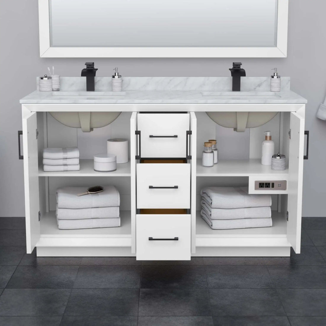 60" Strada Double Bathroom Vanity in White with Matte Black Trim & 58" Mirror by Wyndham